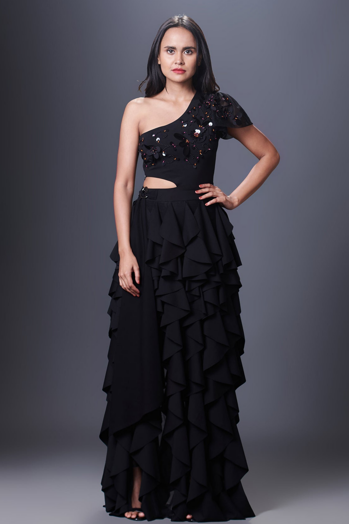 Black One Shoulder  Ruffle Dress