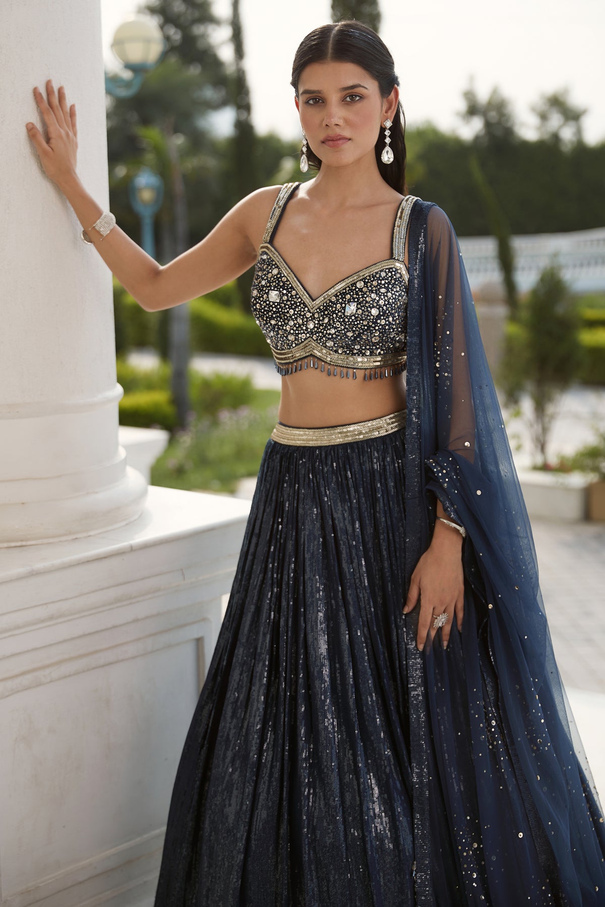 Blue Sequin Georgette Lehenga Set