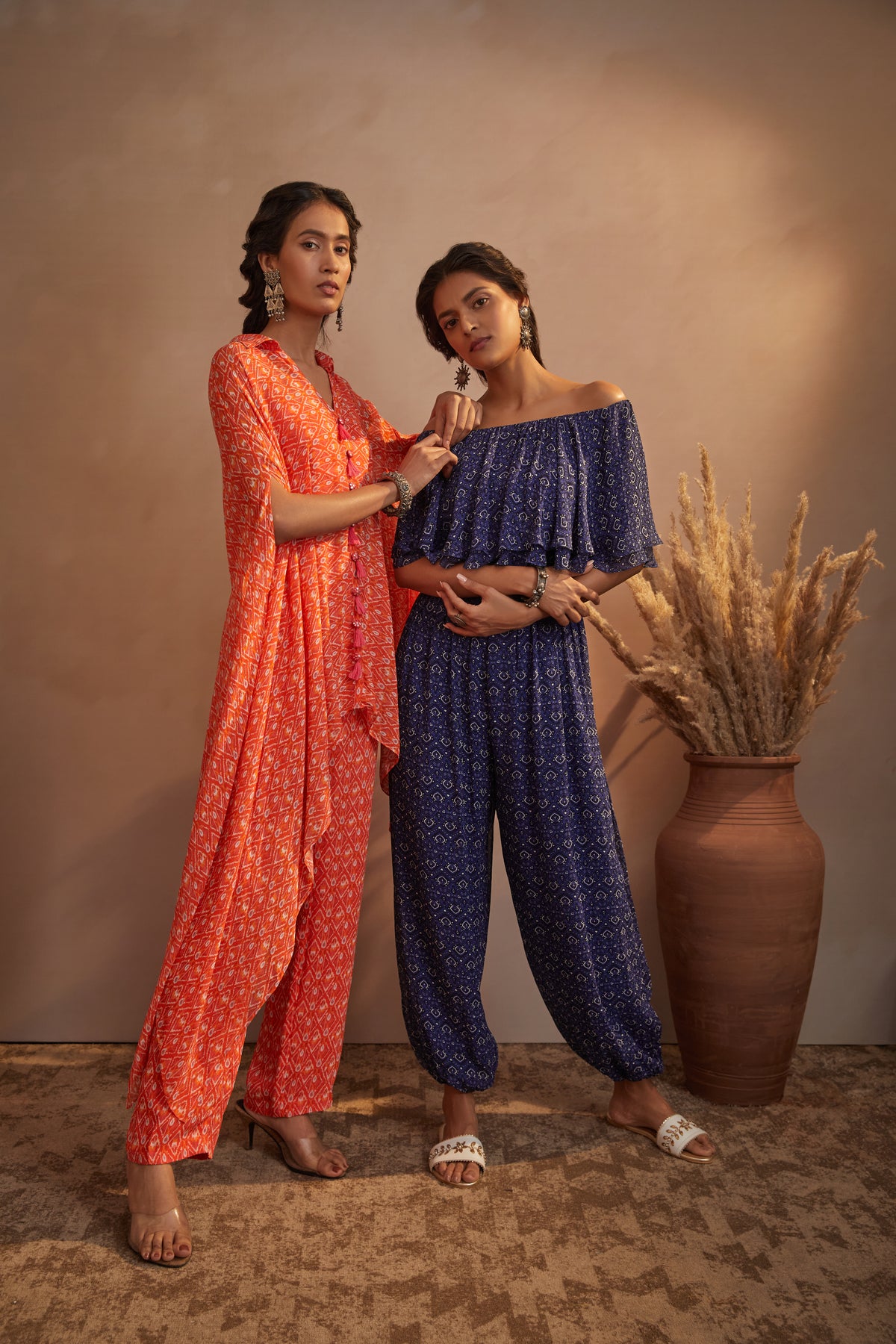 Orange ikkat kaftan pant set