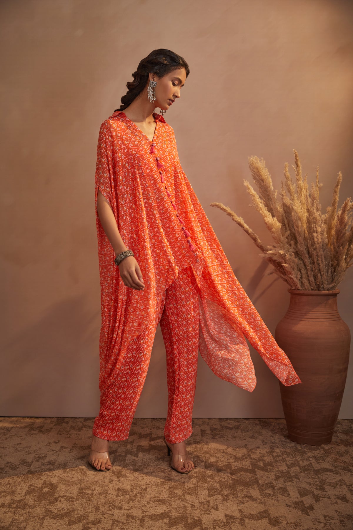 Orange ikkat kaftan pant set