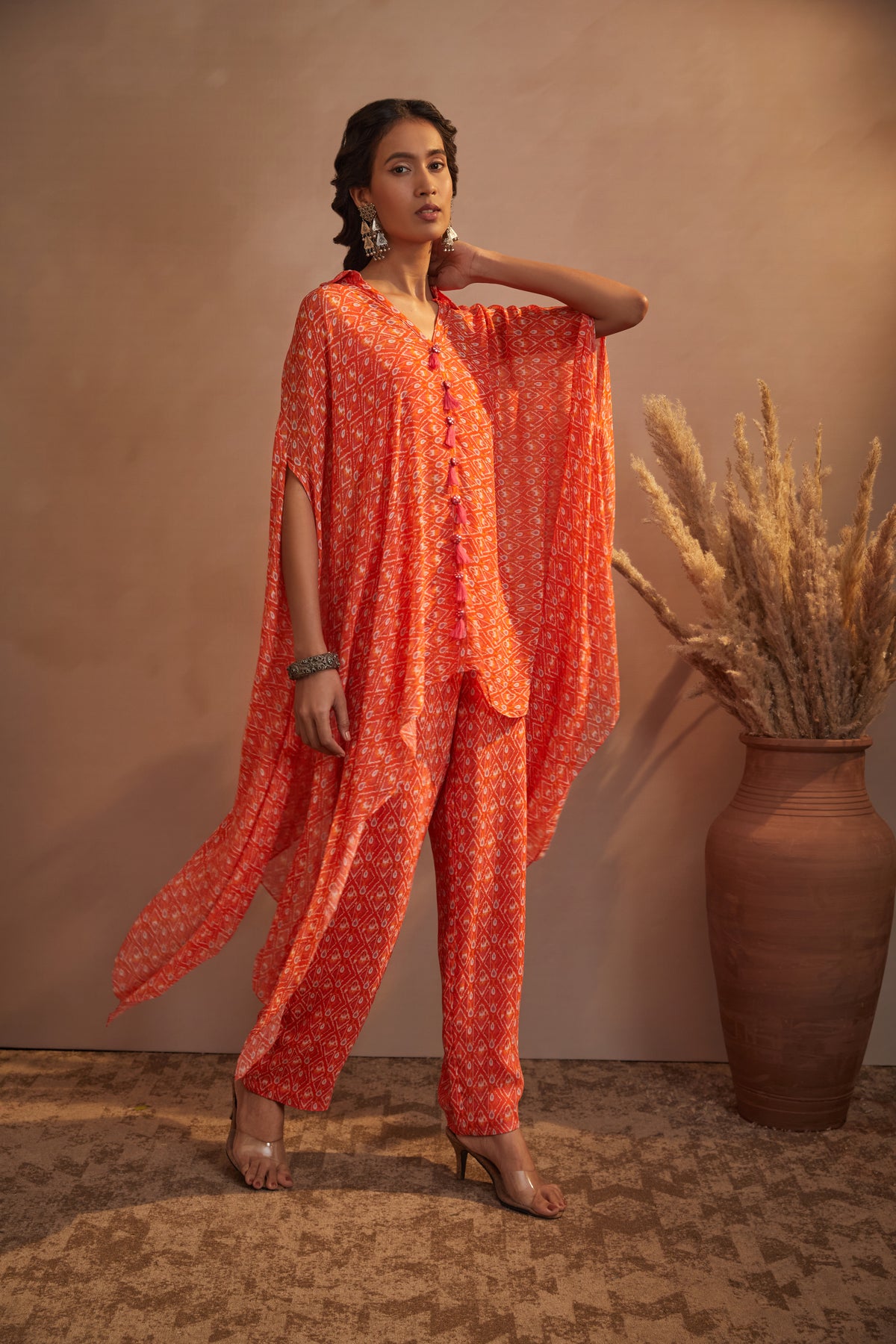 Orange ikkat kaftan pant set