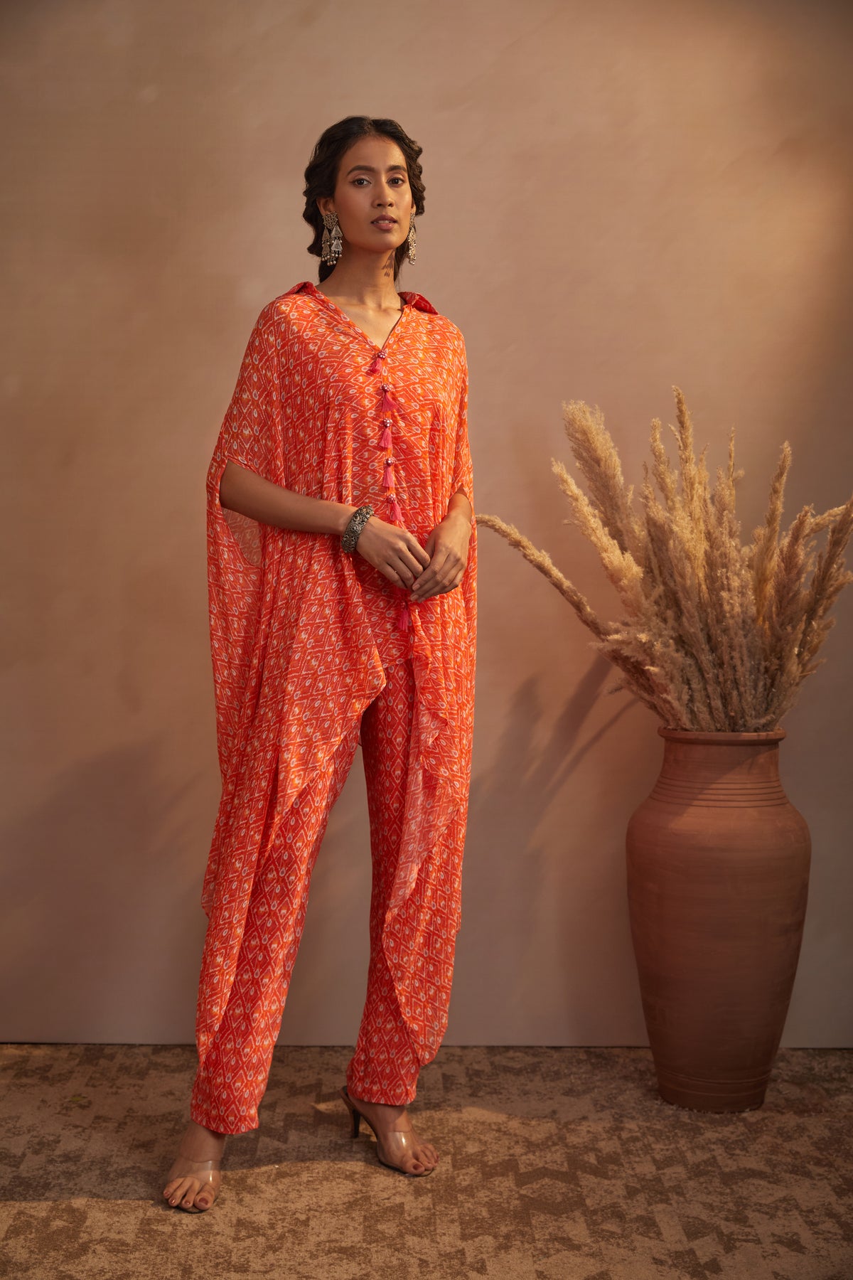 Orange ikkat kaftan pant set