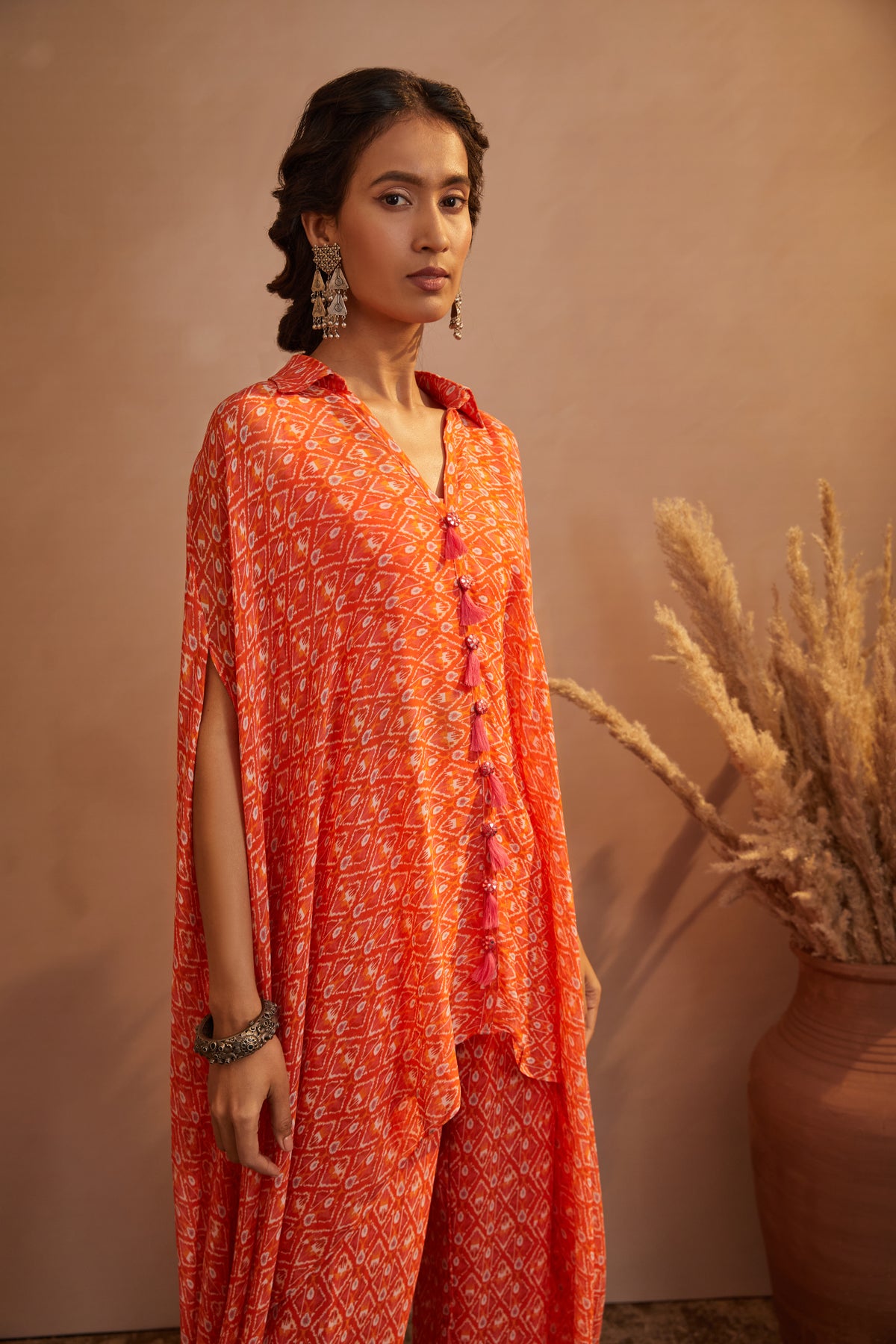 Orange ikkat kaftan pant set