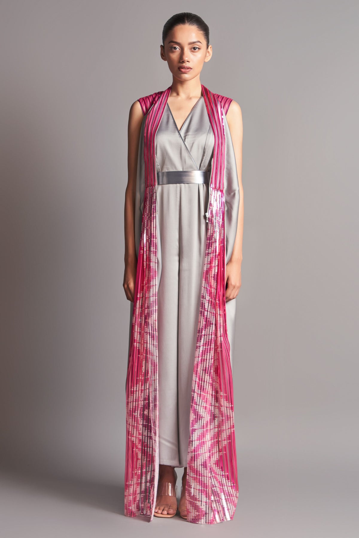 Chevron draped jacket with jumpsuit