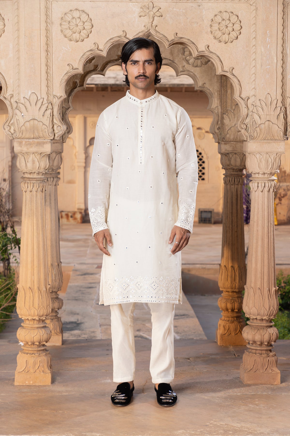 Off White Diamond Embroidered Kurta Set