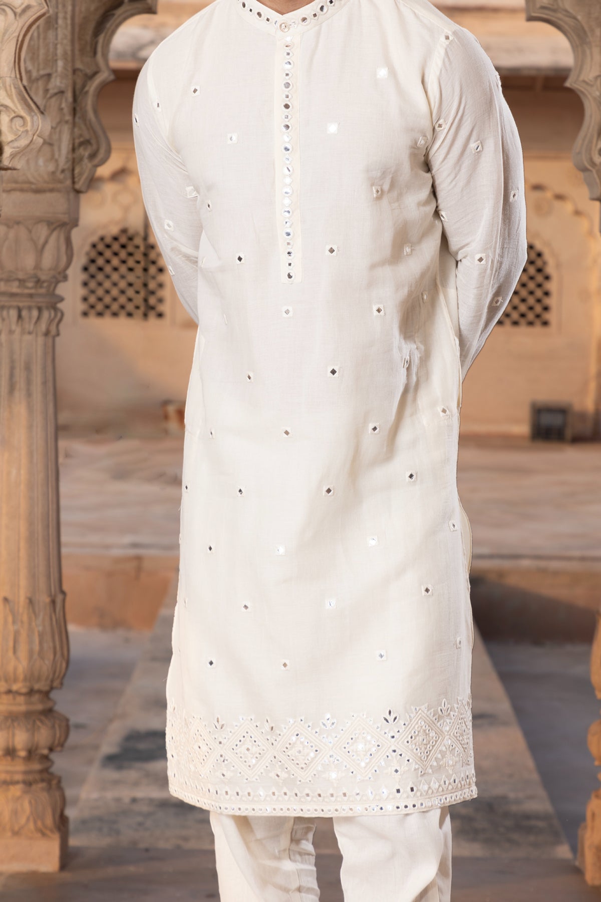 Off White Diamond Embroidered Kurta Set