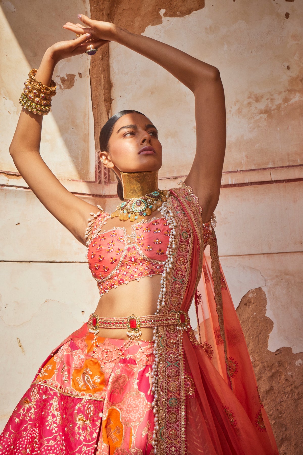 Coral Banarasi Chanderi Lehenga Set