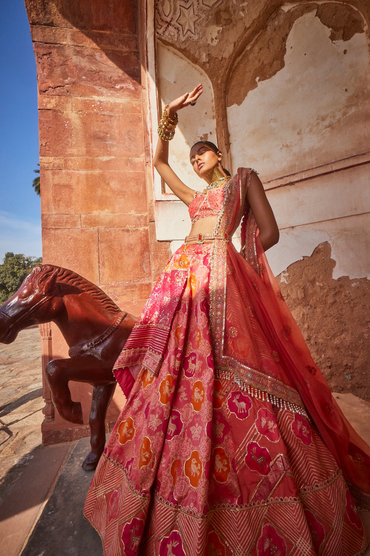 Coral Banarasi Chanderi Lehenga Set