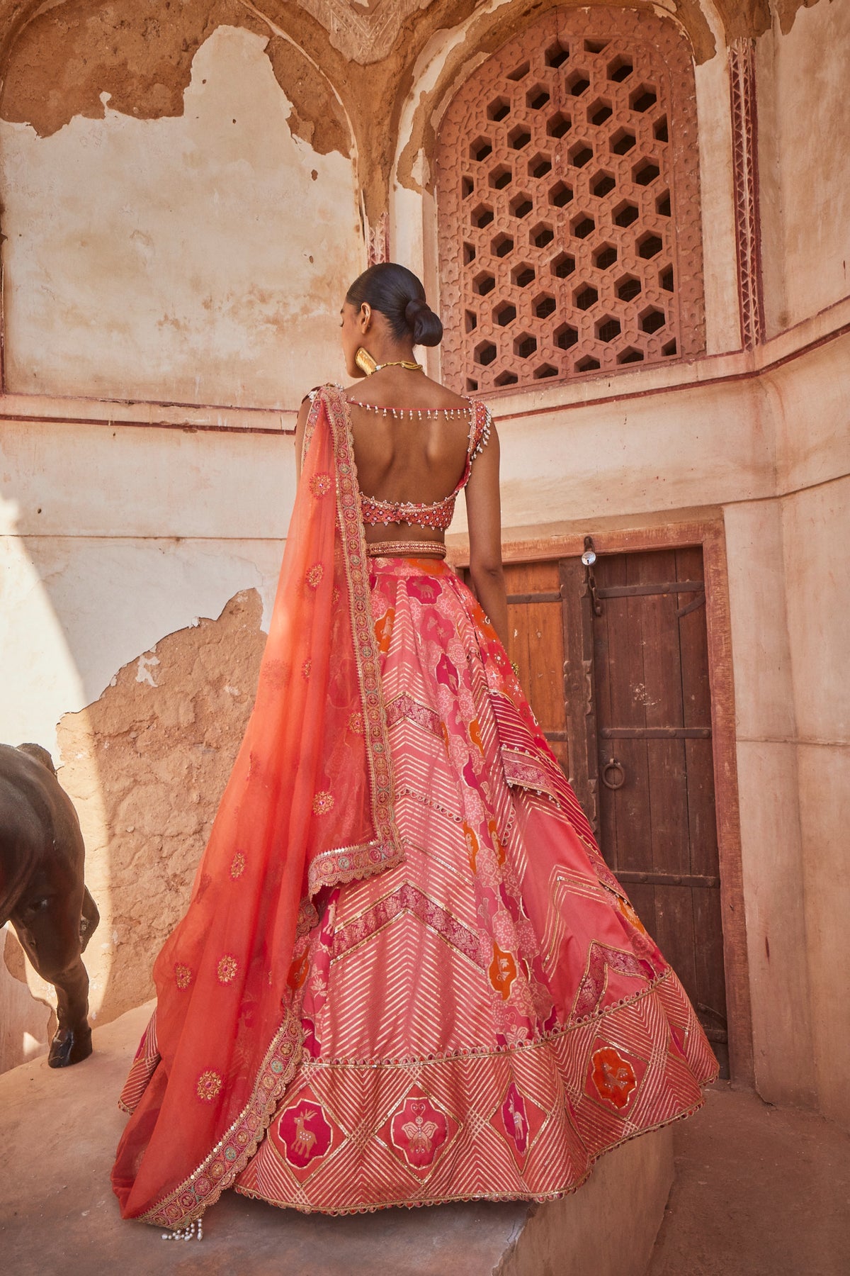 Coral Banarasi Chanderi Lehenga Set