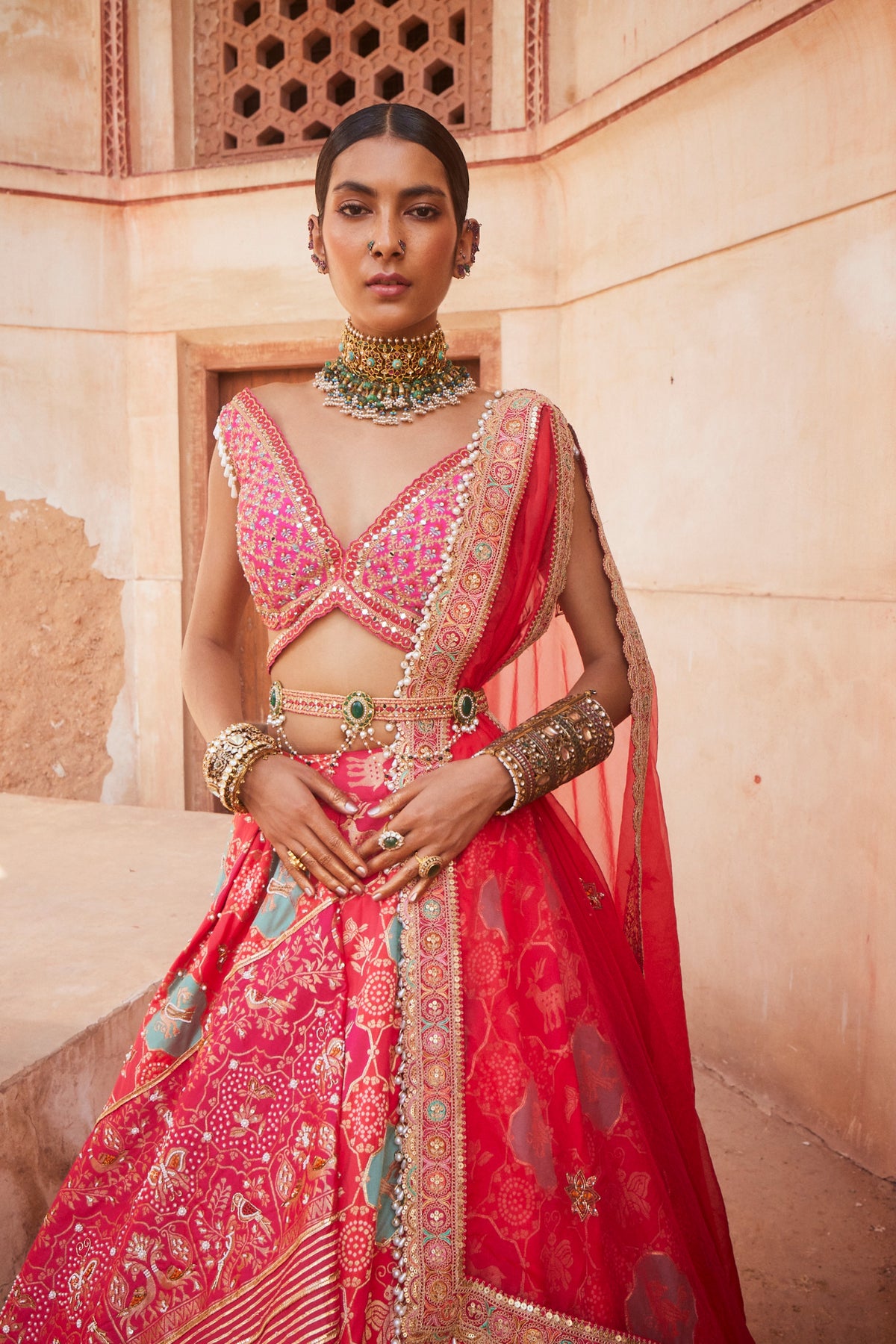 Hot Pink Banarasi Lehenga Set