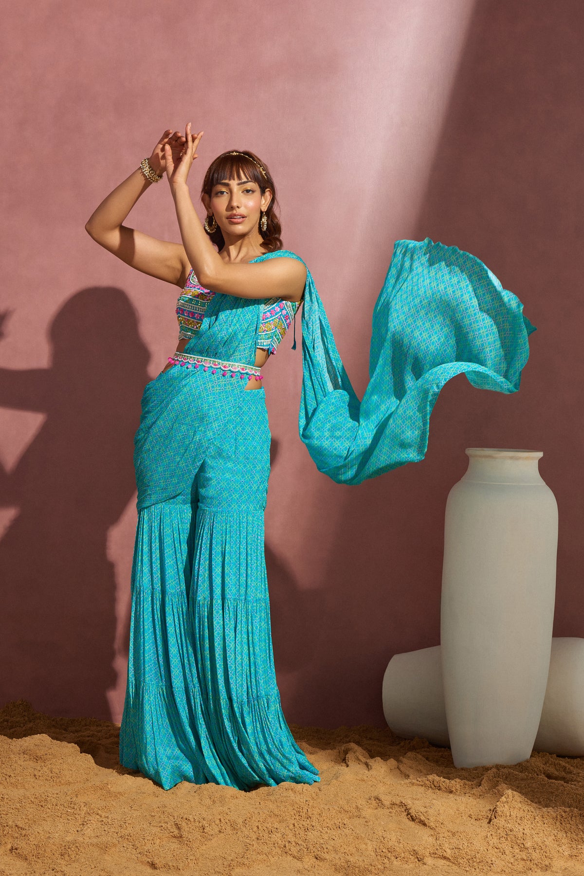 Aqua Printed Draped Saree Set