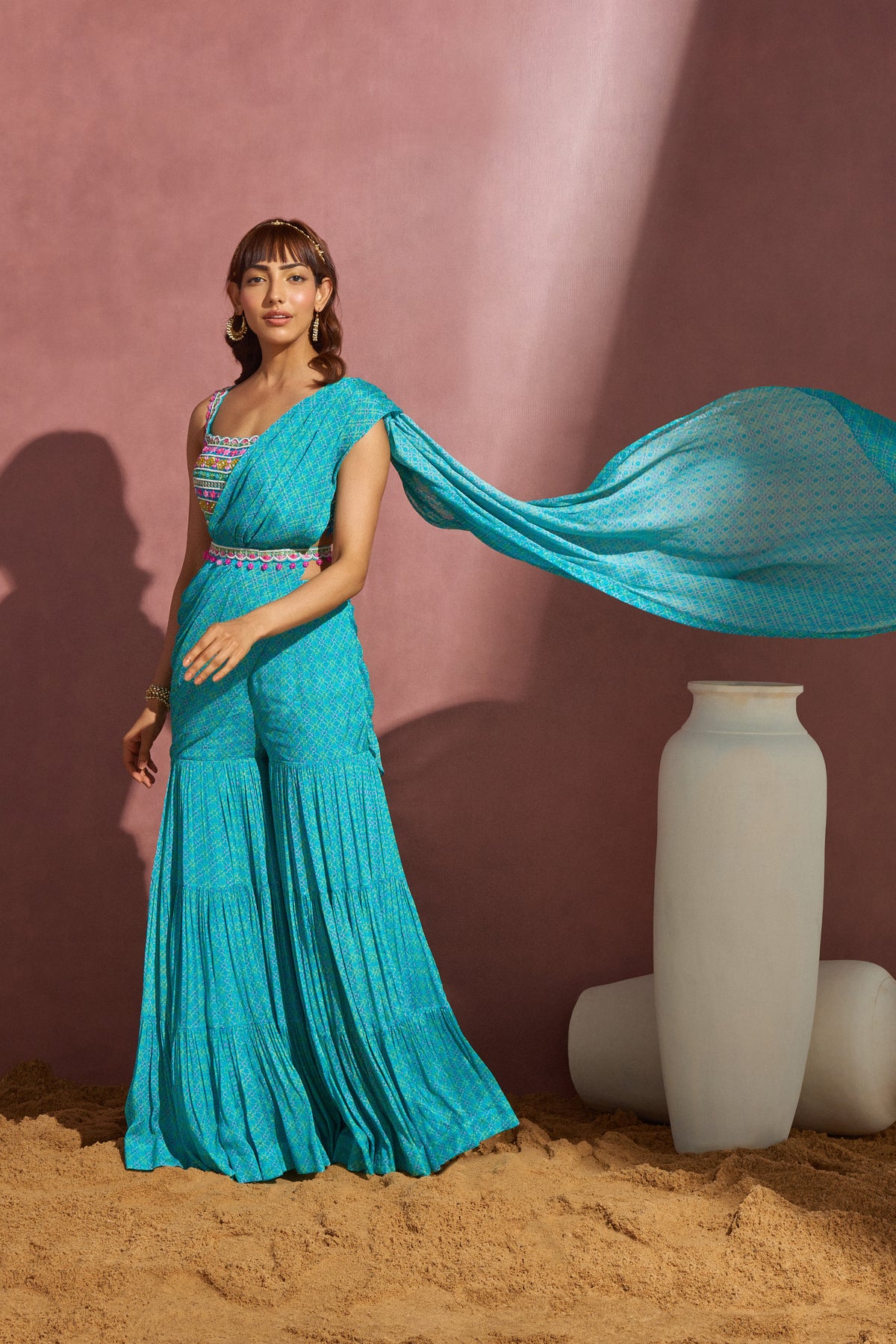 Aqua Printed Draped Saree Set