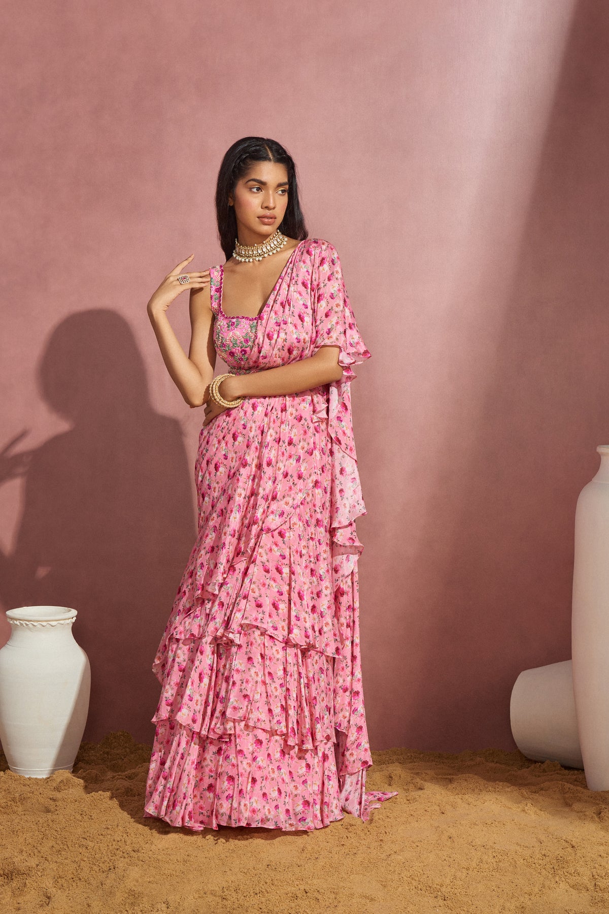 Rose Pink Draped Saree