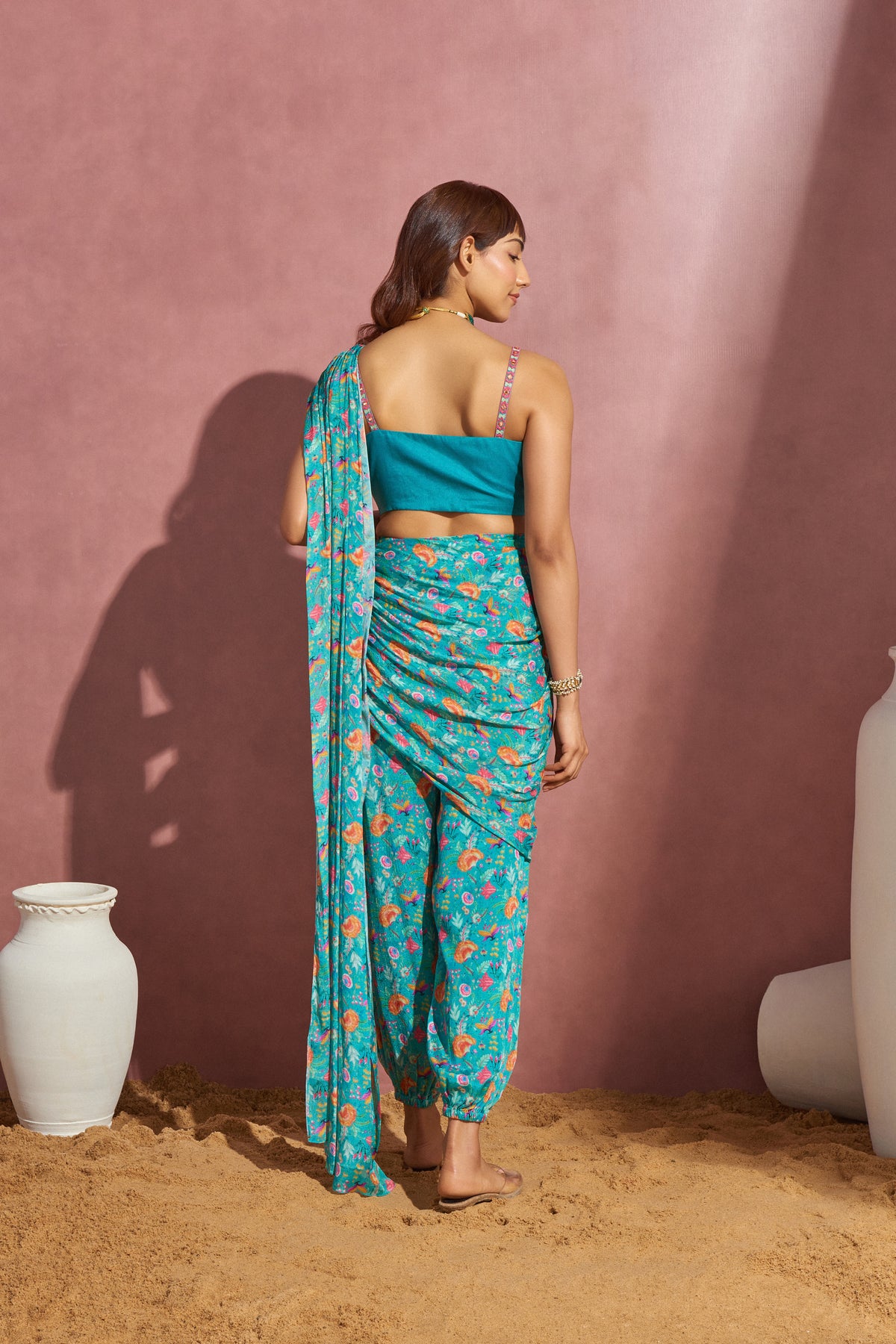 Teal Floral Draped Saree