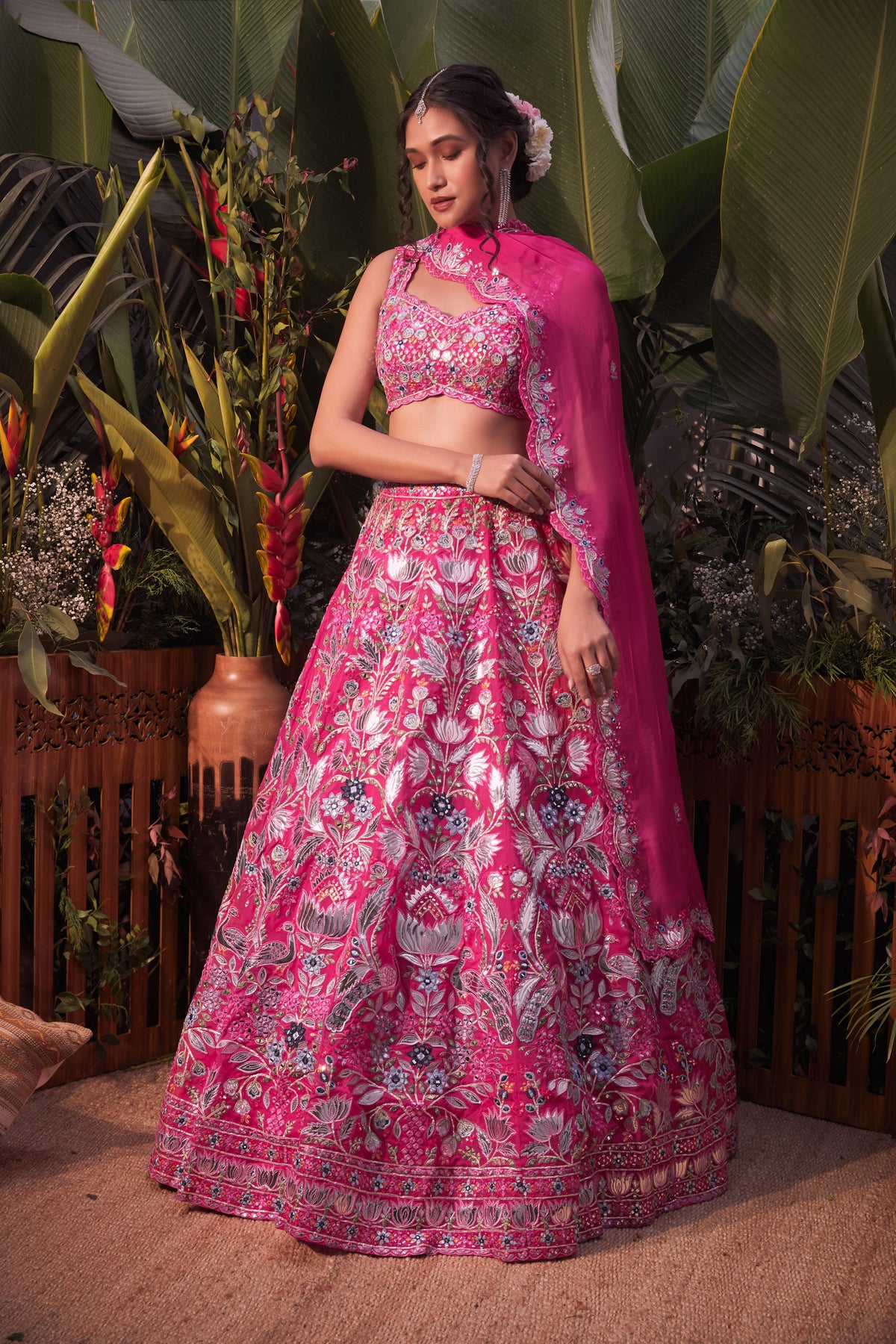 Pink tropical lotus lehenga set