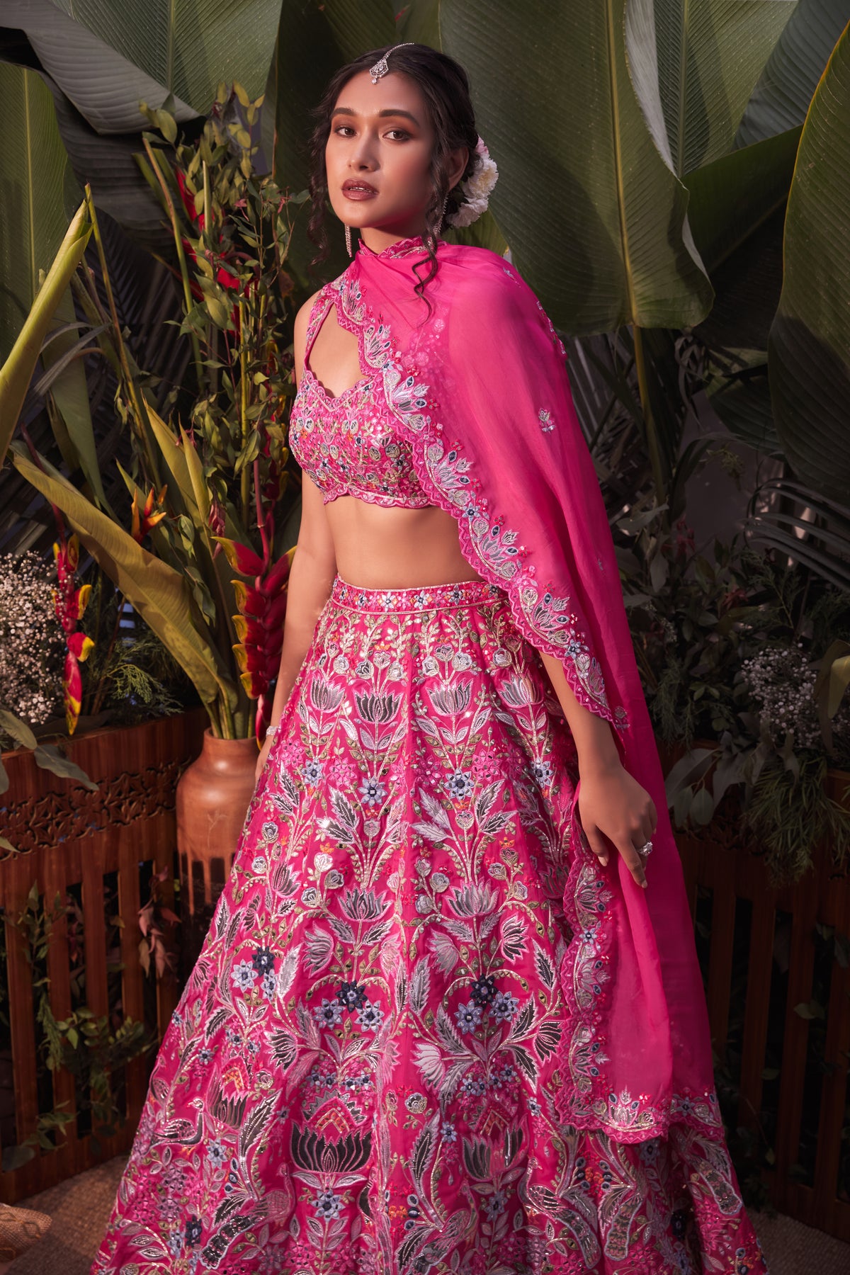 Pink tropical lotus lehenga set