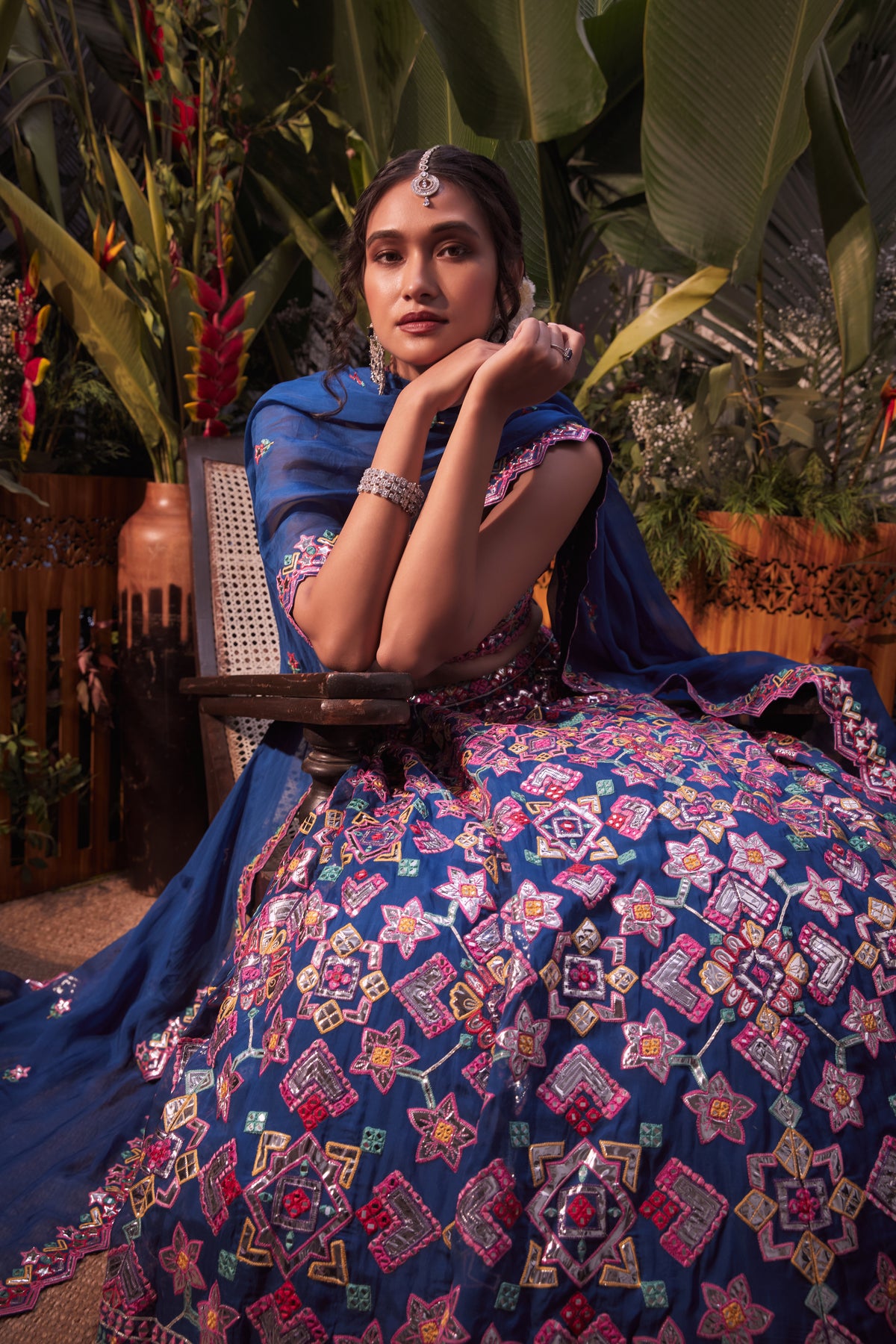 Royal blue geometric lehenga