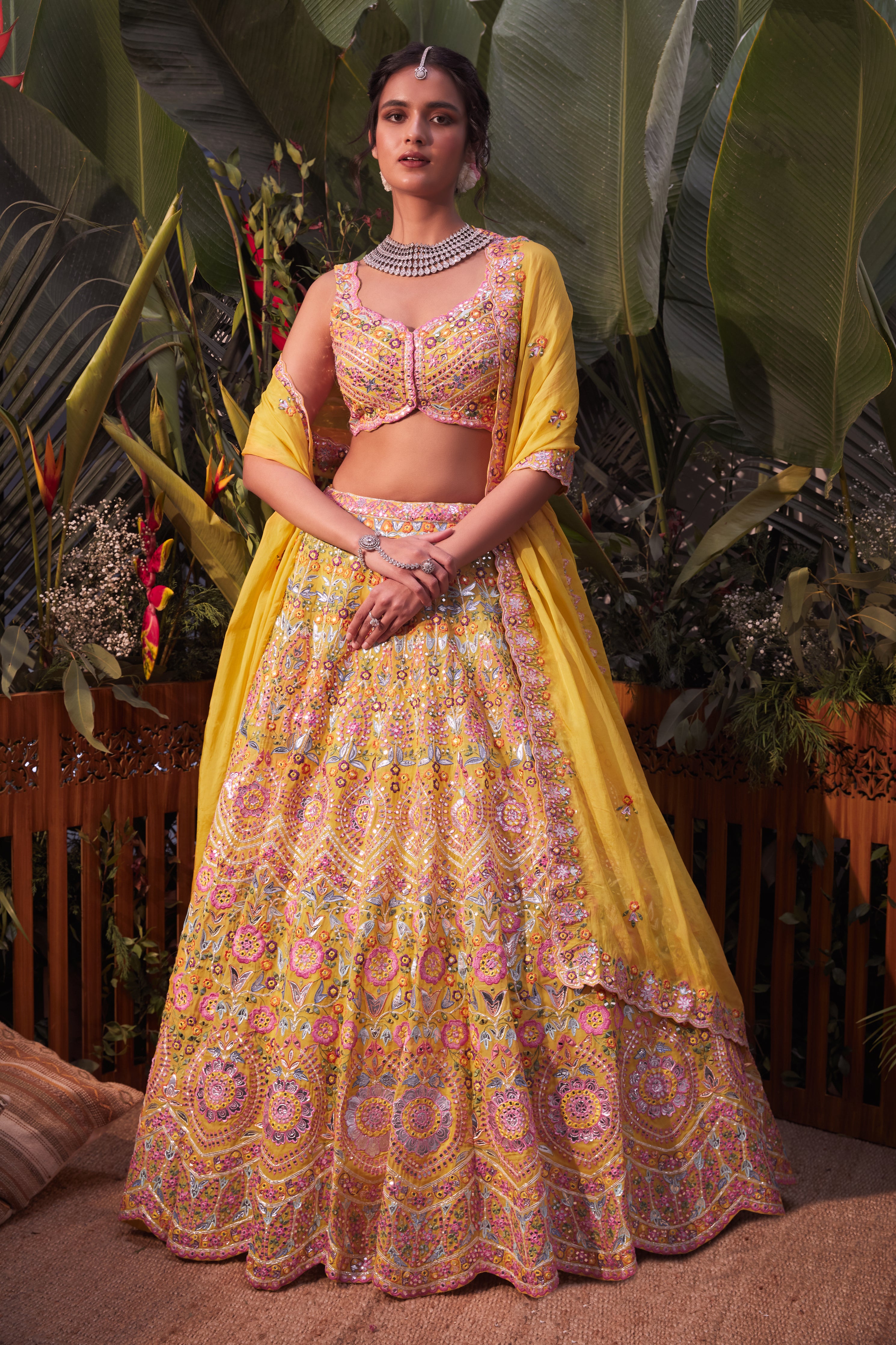 Olive Yellow Floral Chanderi Lehenga – Lashkaraa