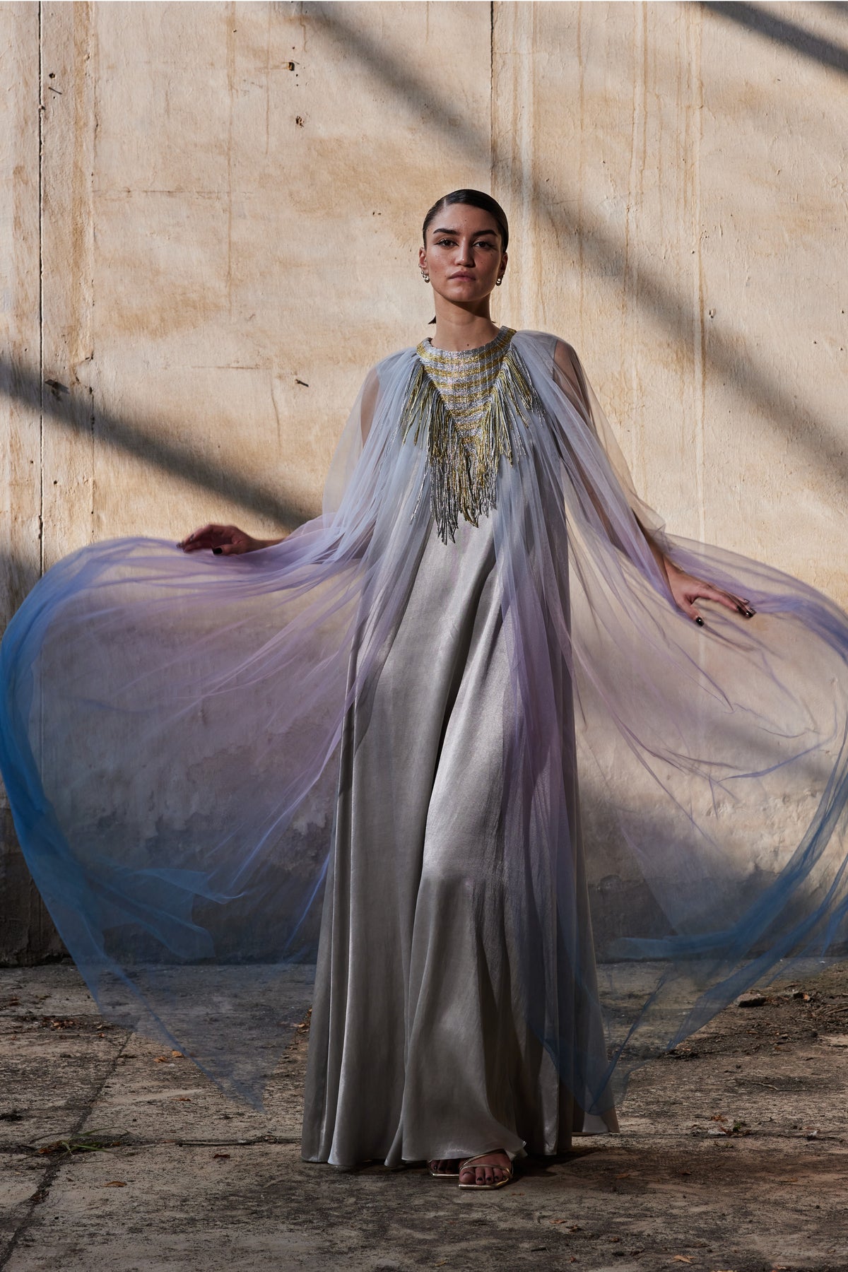 Triangular Metallic Tulle Kaftan