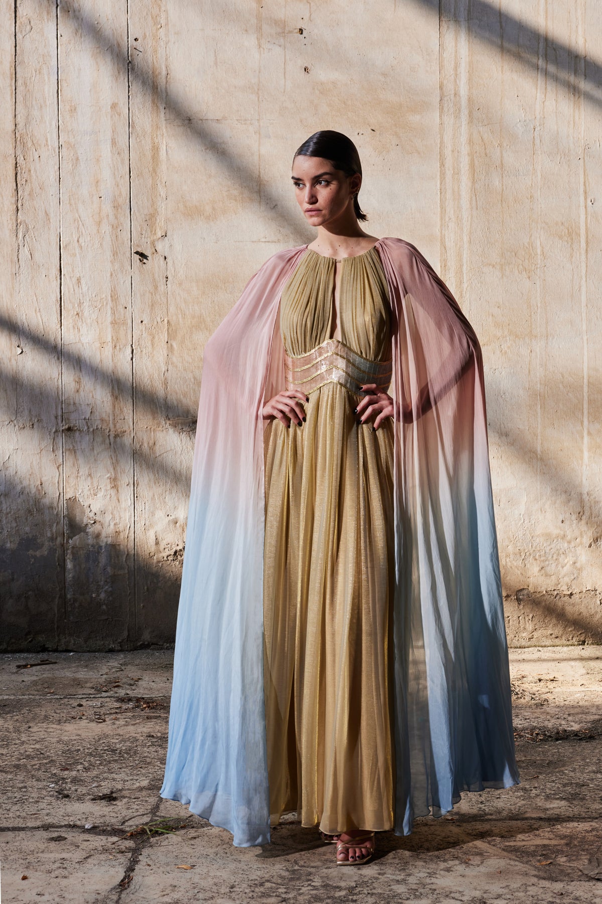 Gathered Metallic Tulle Kaftan