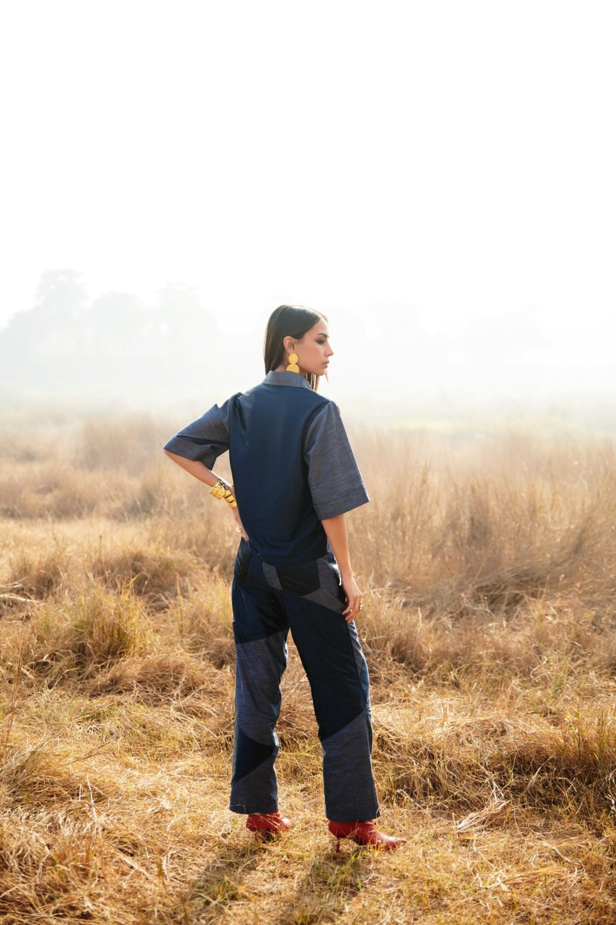 Chambray and Satin Panelled Pant