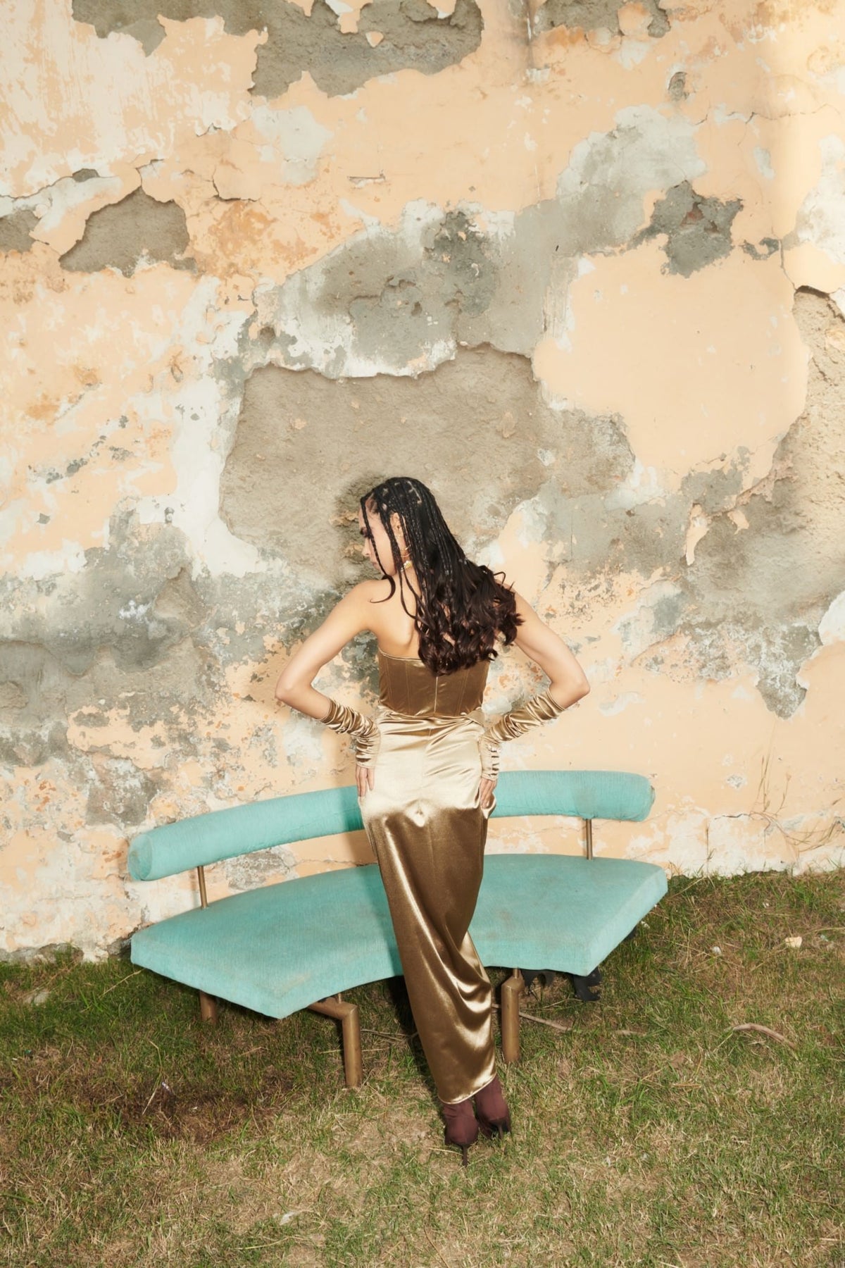 Golden Corsetry Drape Dress