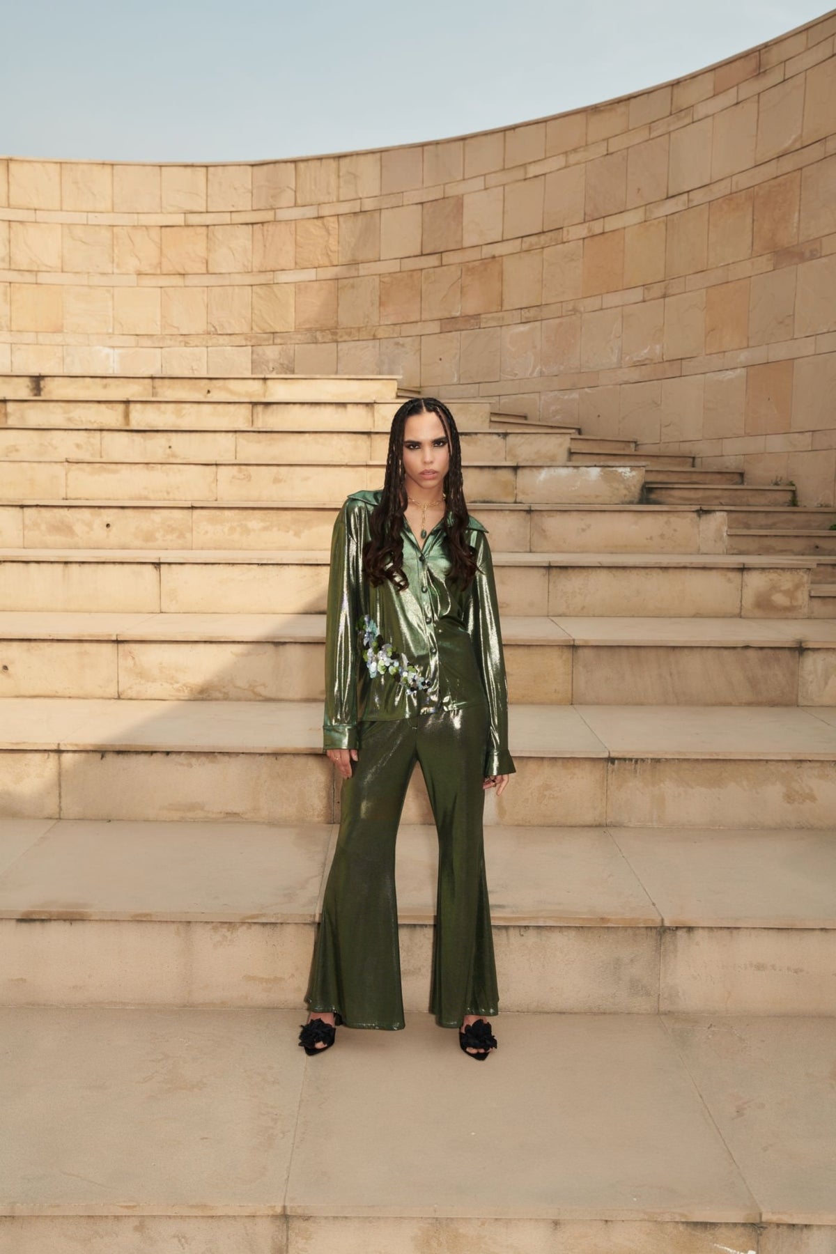 Metallic Green Embroidered Shirt