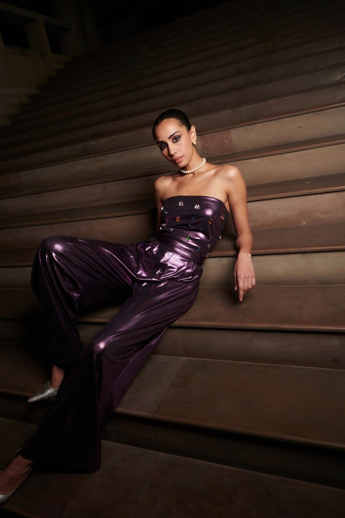 Purple Embroidered Mettalic Tube Jumpsuit