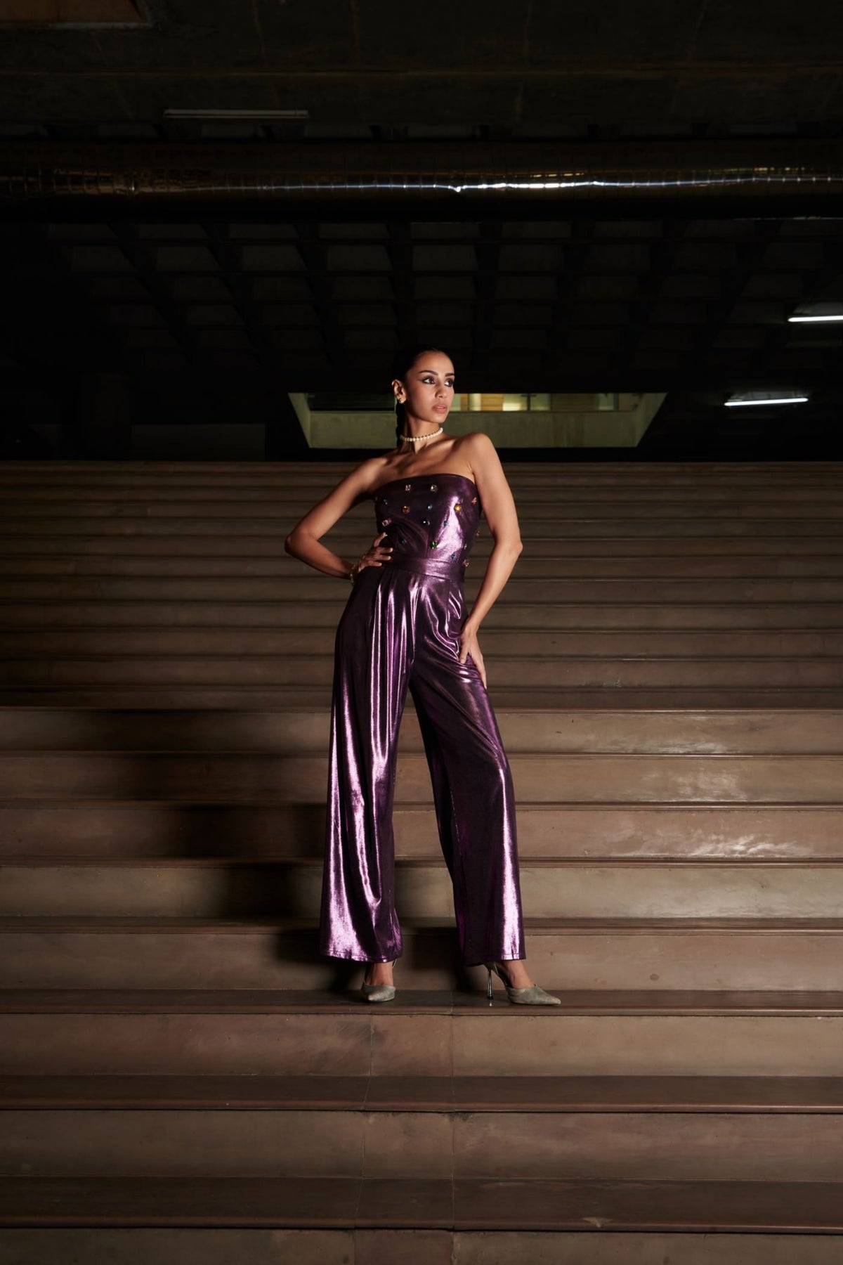 Purple Embroidered Mettalic Tube Jumpsuit