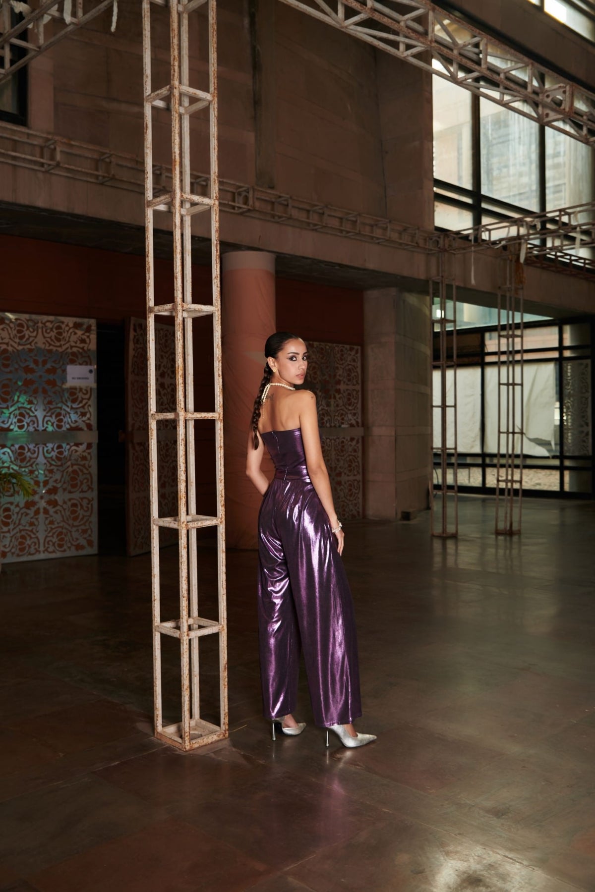 Purple Embroidered Mettalic Tube Jumpsuit