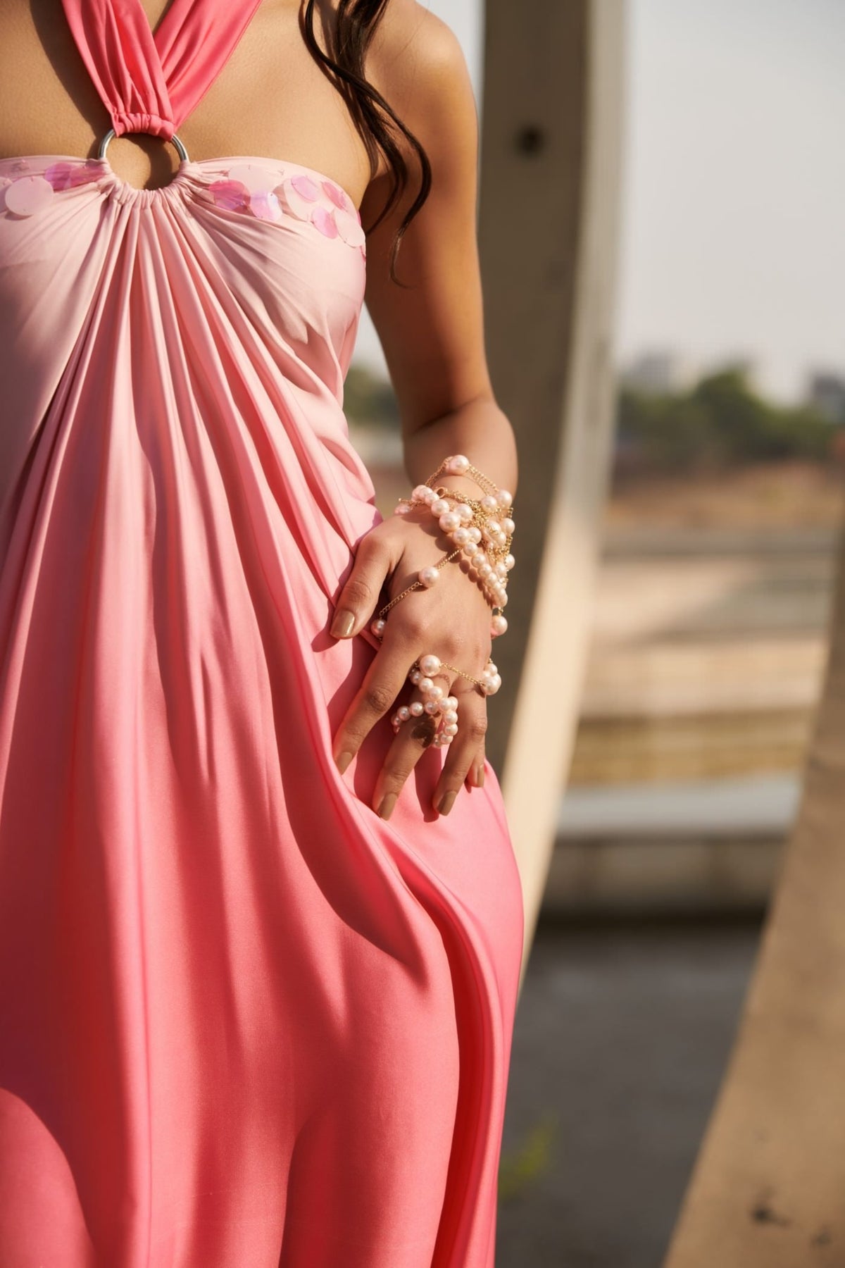 Pink Halter Neck Embroidered Long Dress