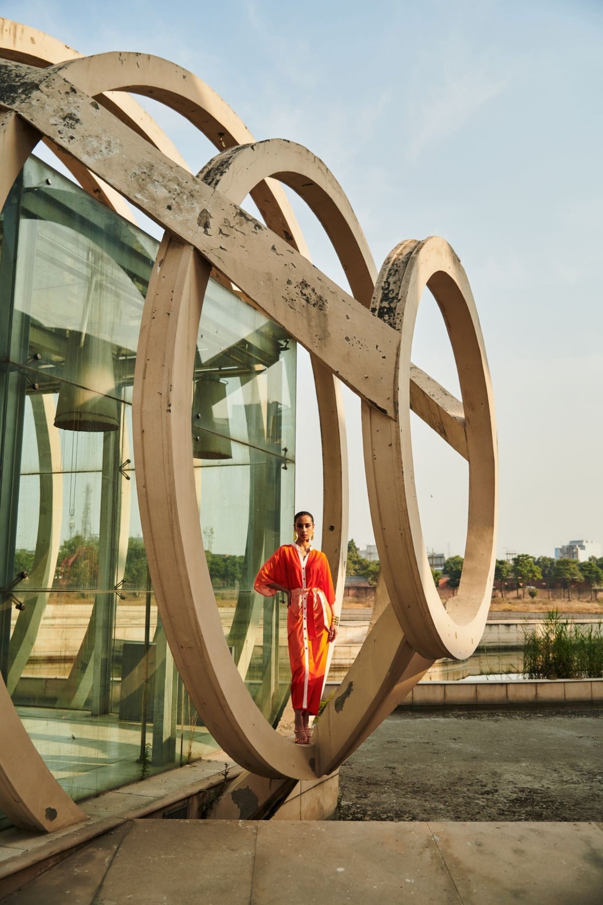 Orange Pleated Midi Dress