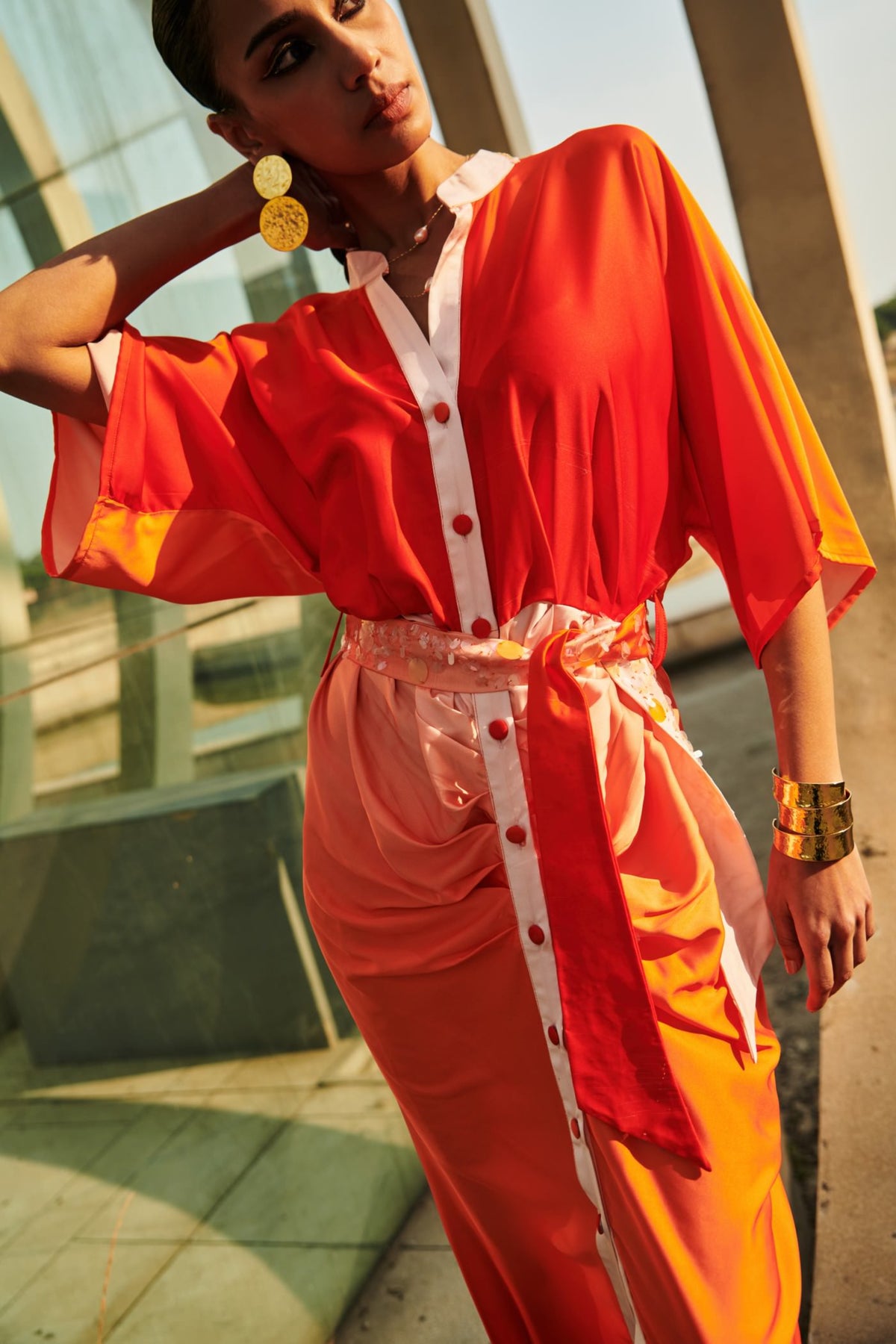 Orange Pleated Midi Dress