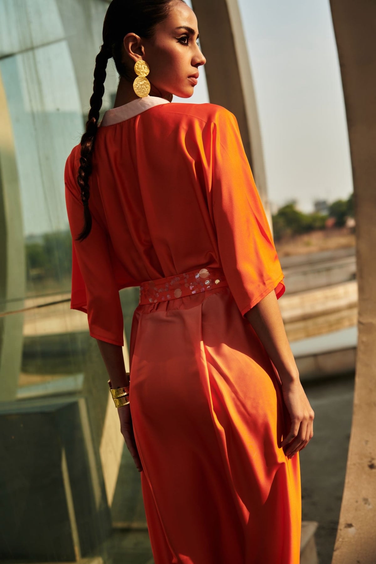 Orange Pleated Midi Dress