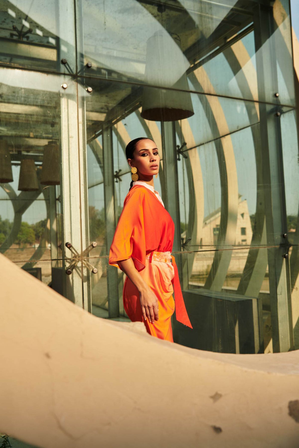 Orange Pleated Midi Dress