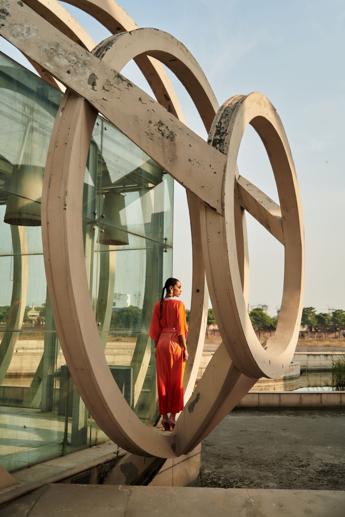 Orange Pleated Midi Dress