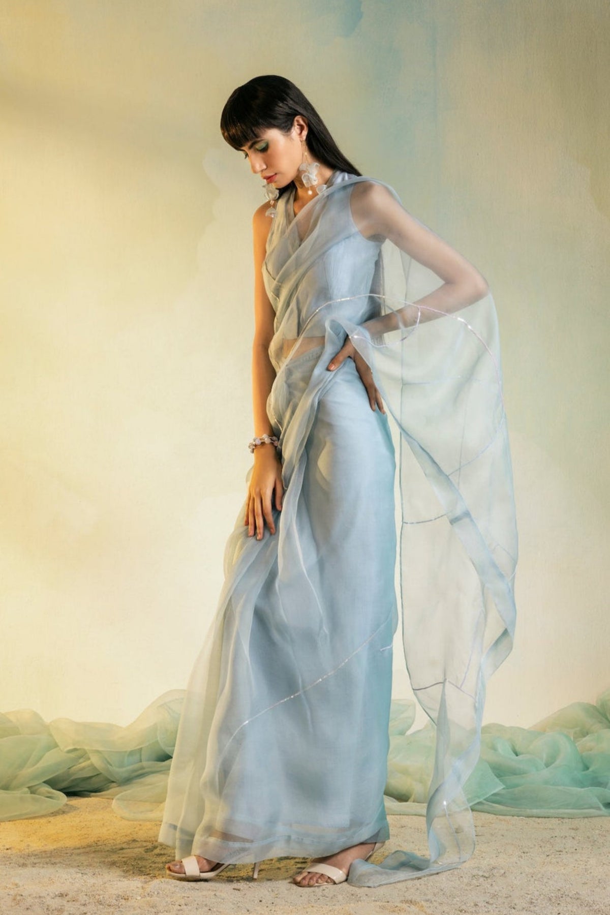 Blue Organza Pre-stitched Saree Set