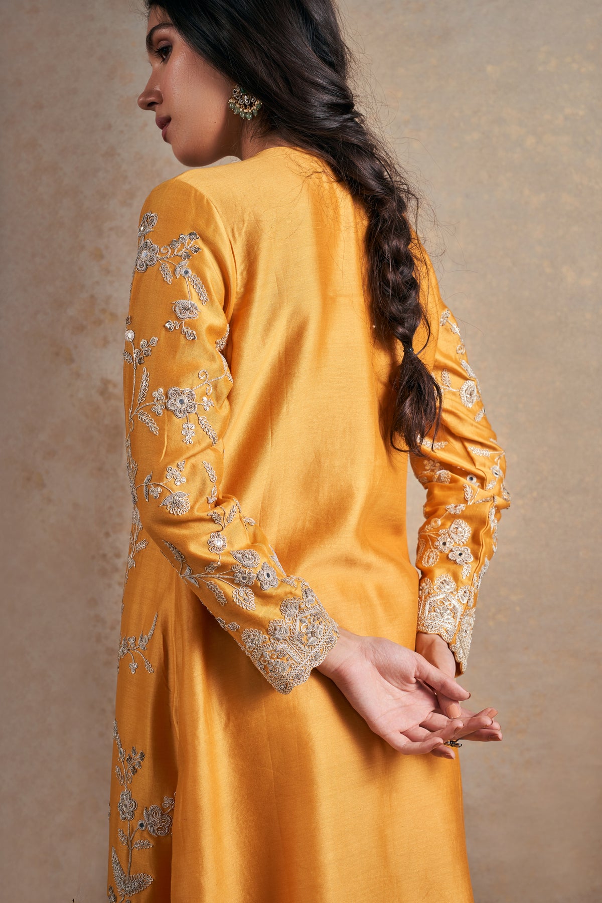 Mustard Pearl Work Kurta Set