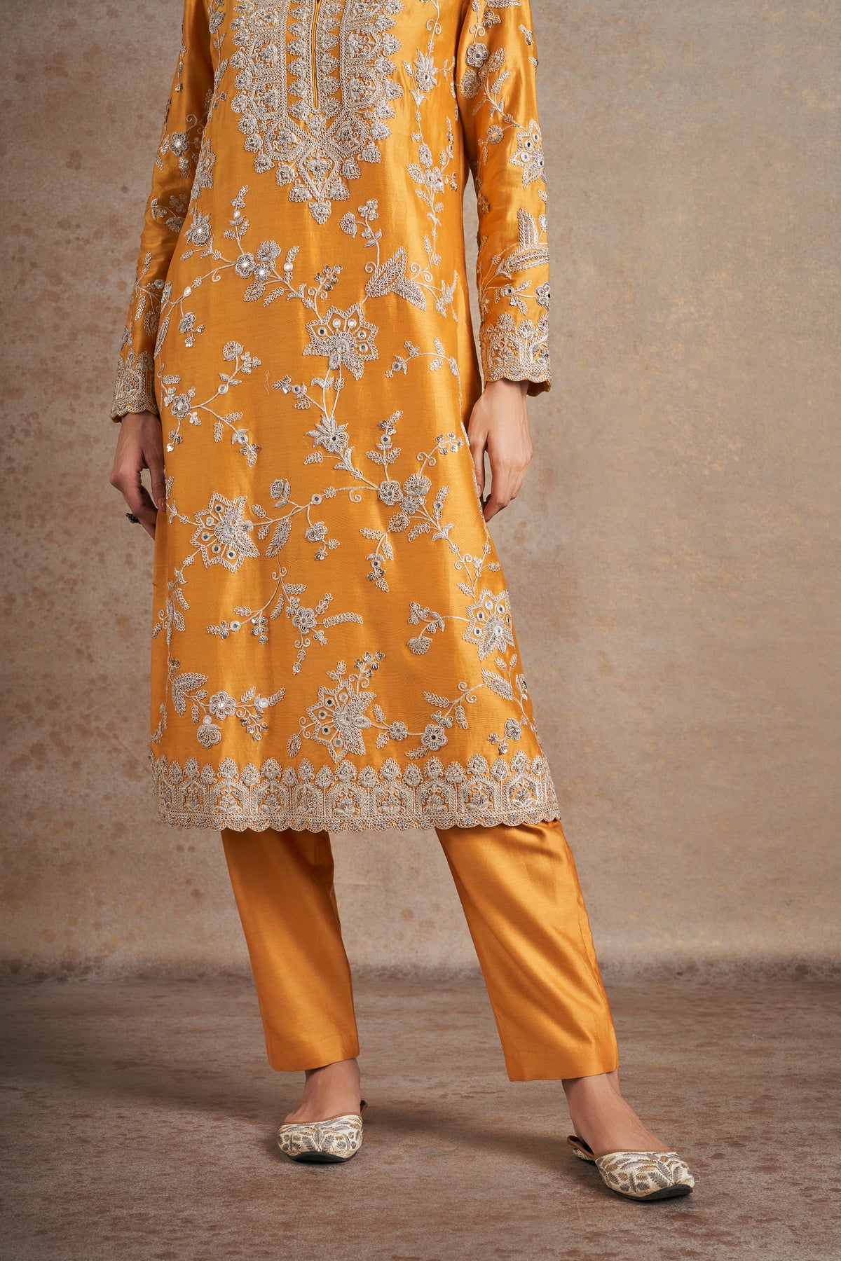 Mustard Pearl Work Kurta Set