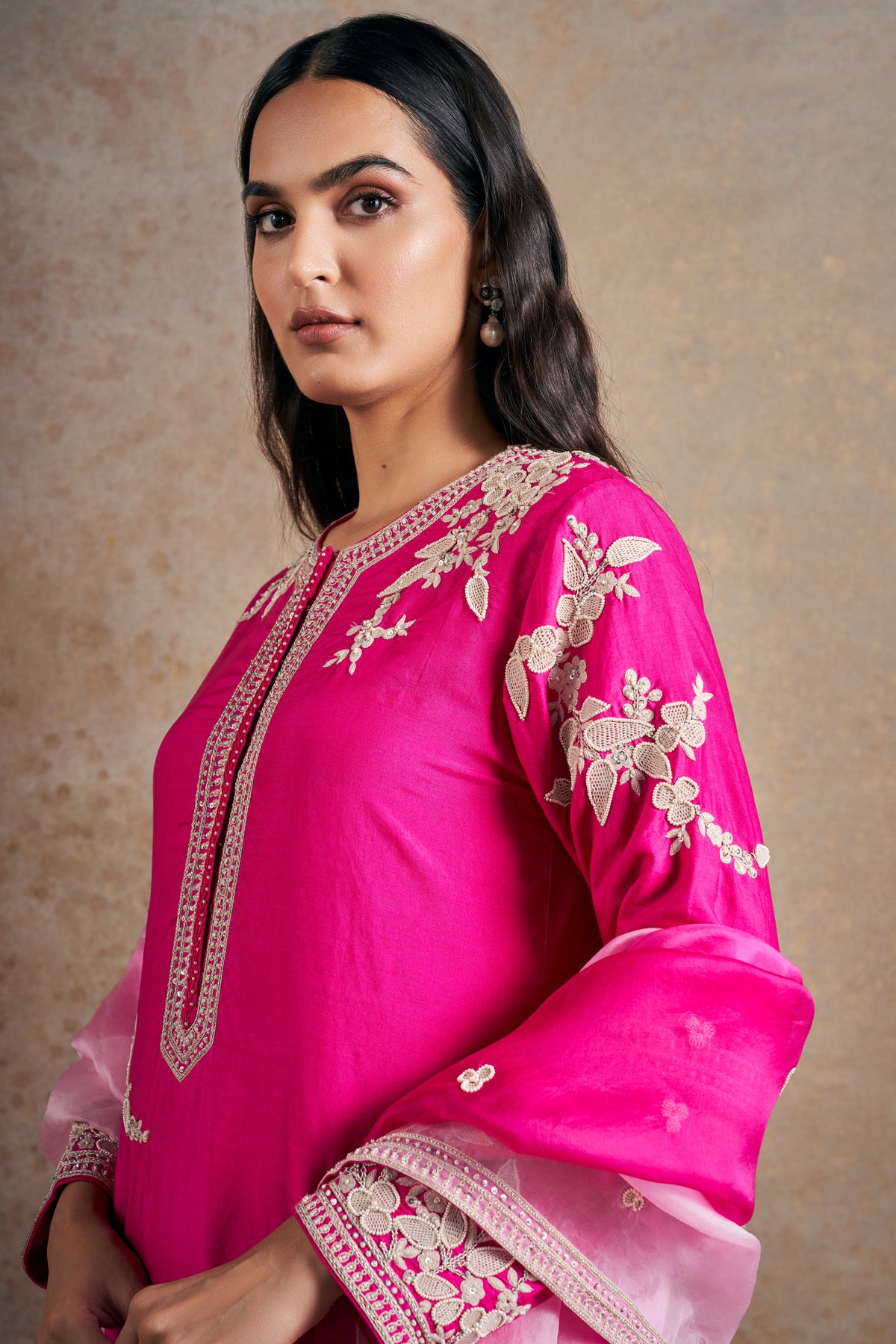 Fuschia Pink Pearl Work Kurta Set