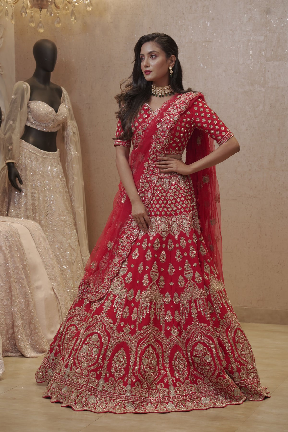 Beautifully Crafted Red Embellished Lehenga