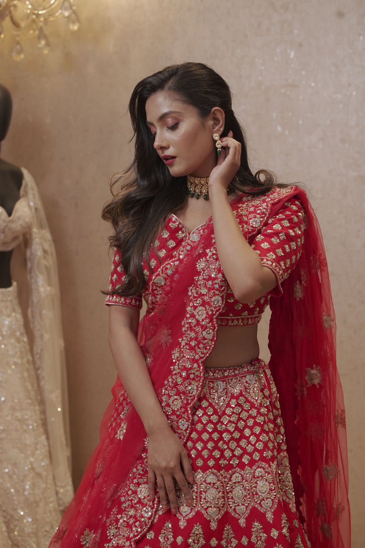 Beautifully Crafted Red Embellished Lehenga