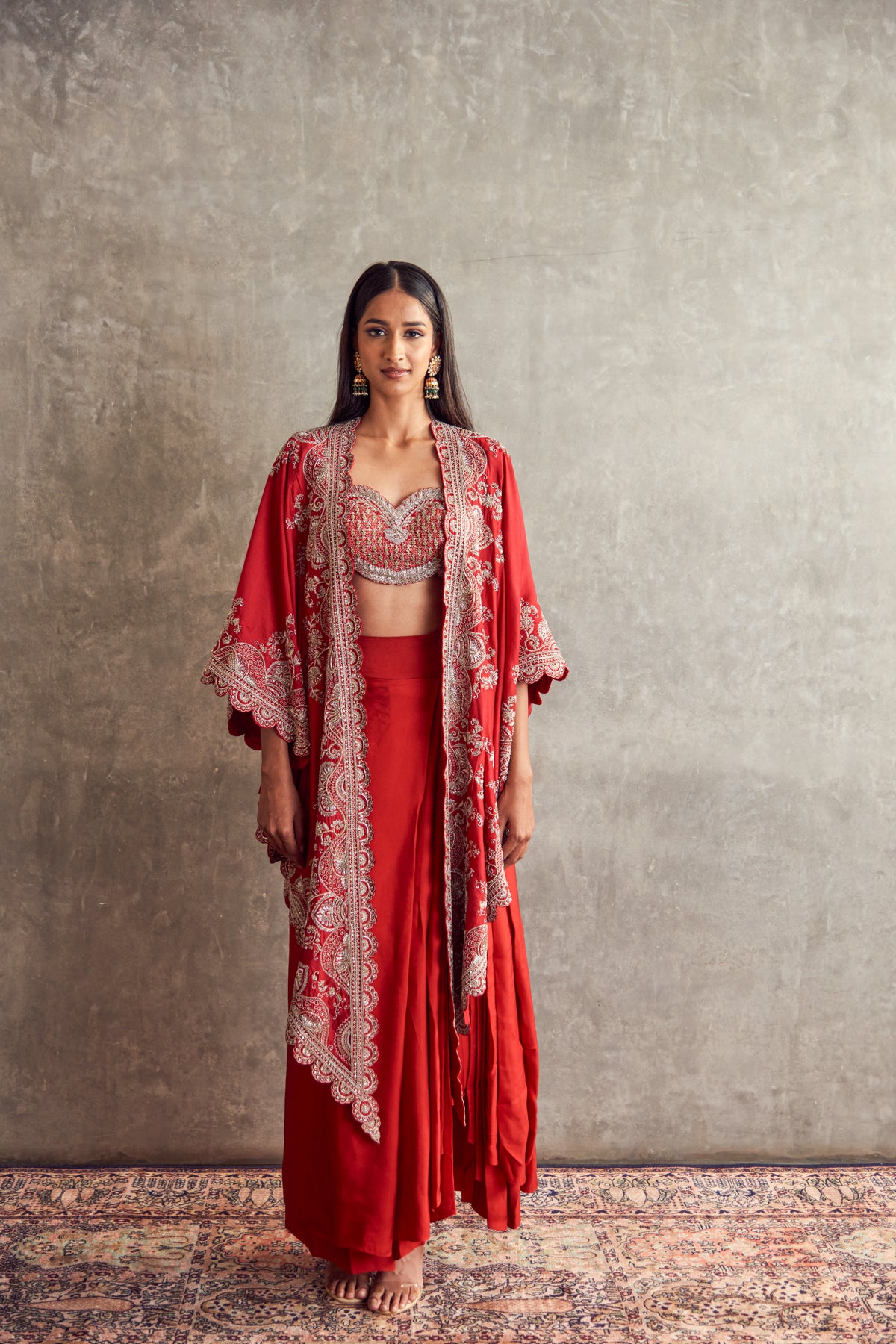 Red Embroidered Cape Lehenga set