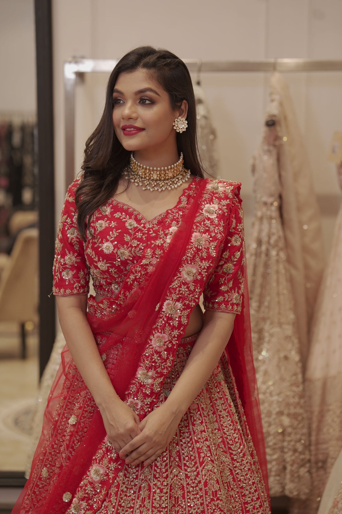 Raw Silk Red Emblished Lehenga