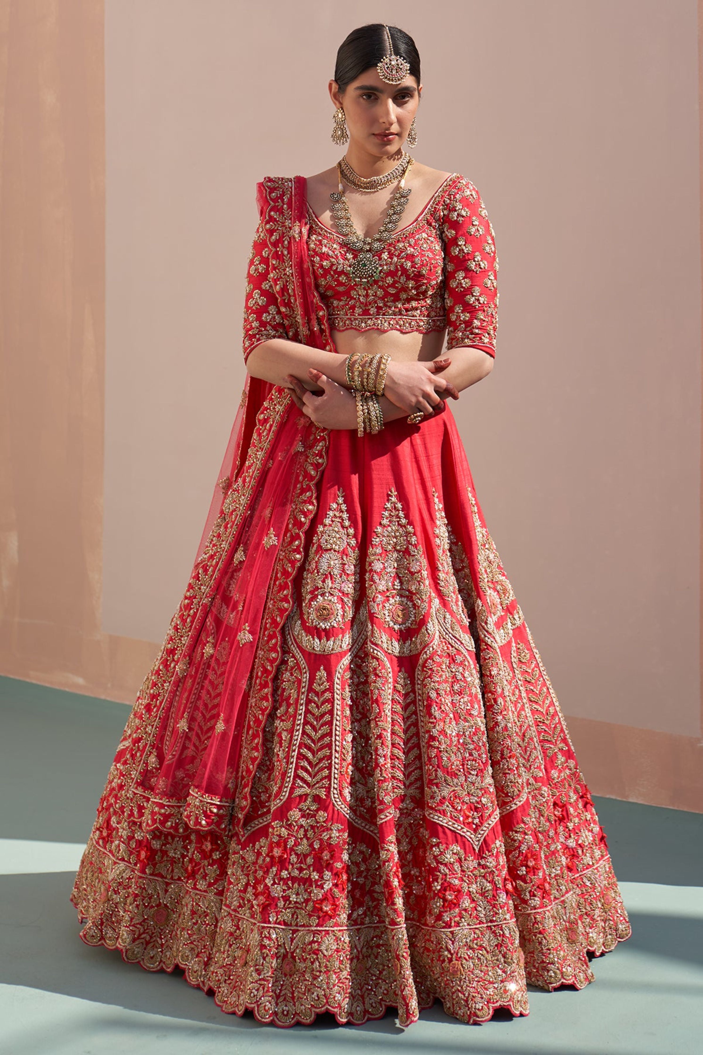 Double fashion dupatta red bridal lehenga