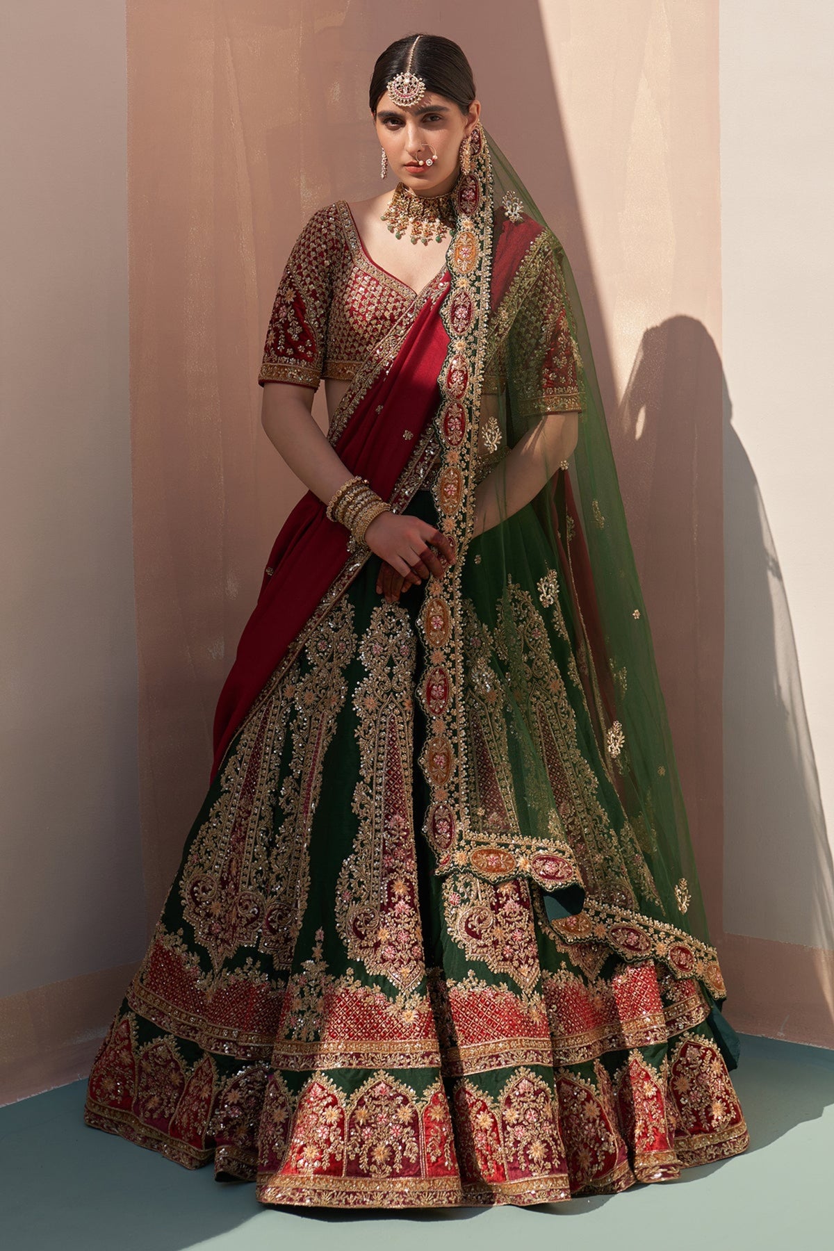 Bottle Green Double Dupatta Lehenga Set