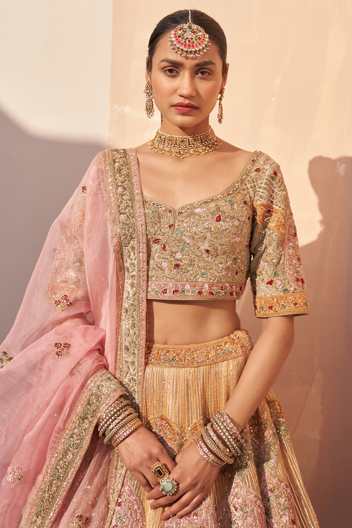 Gold Organza Double Dupatta Lehenga Set