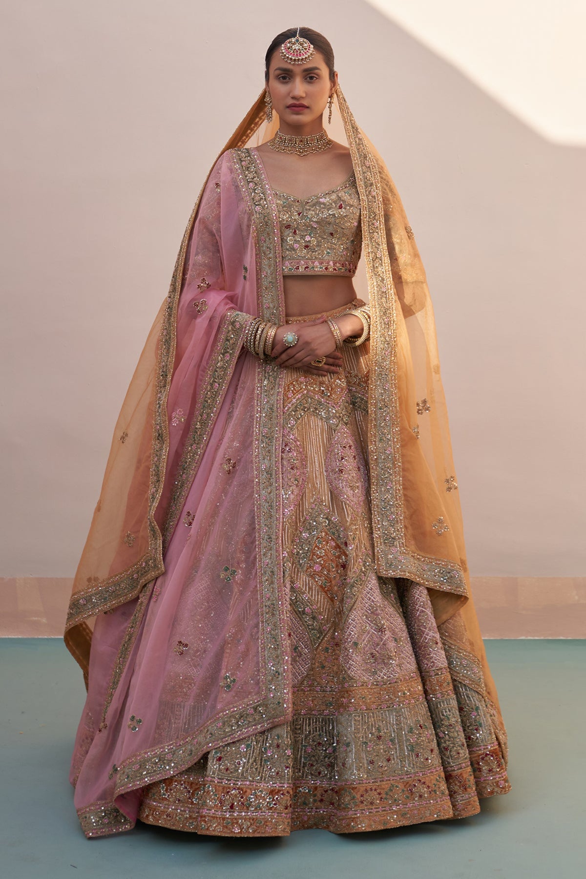 Gold Organza Double Dupatta Lehenga Set