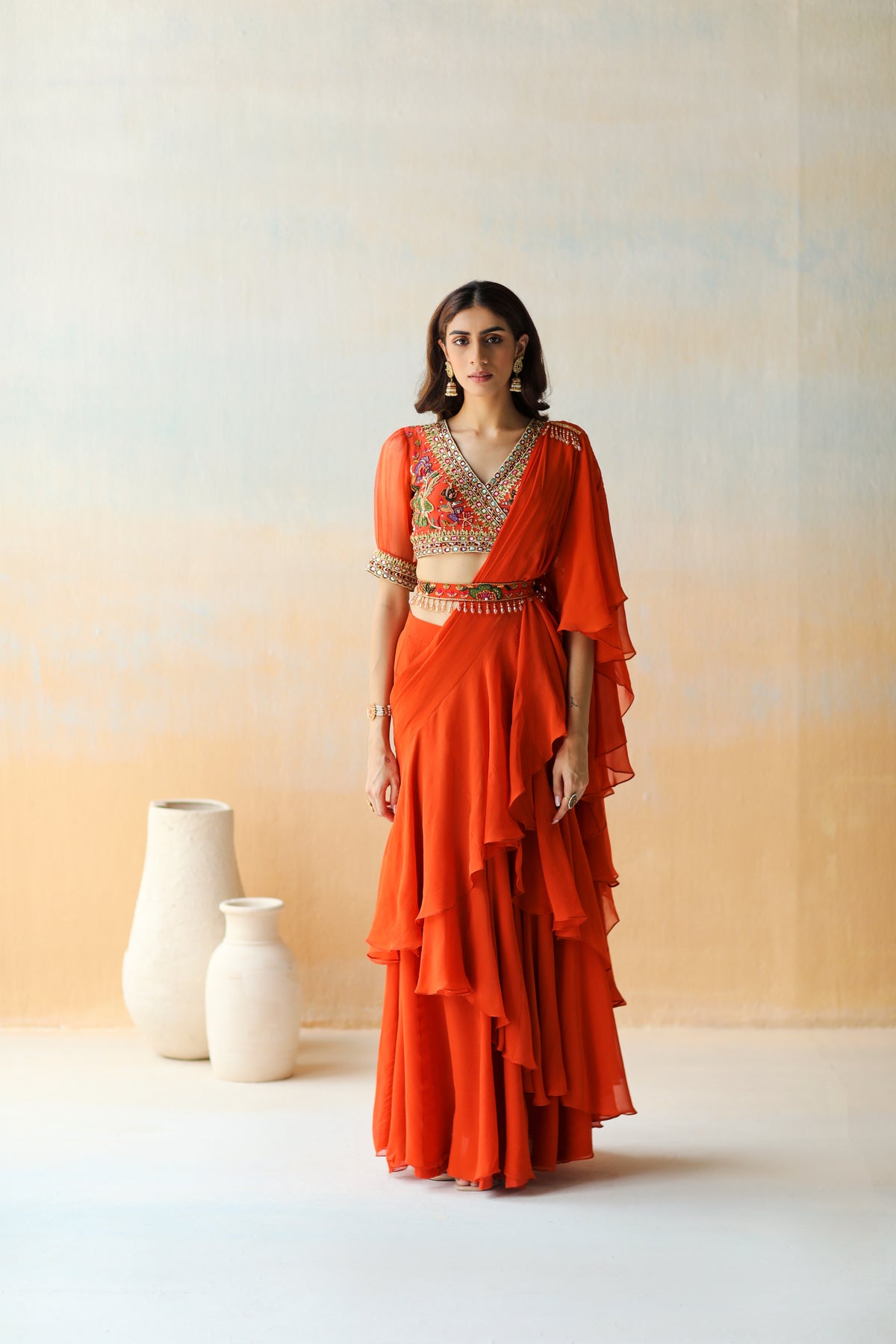 Fire Orange Pre-draped Saree Set