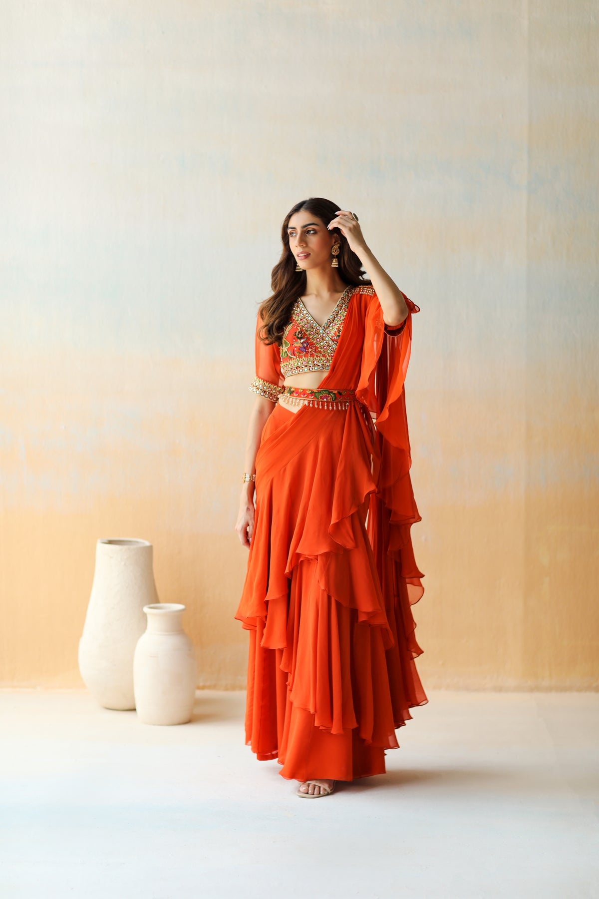 Fire Orange Pre-draped Saree Set